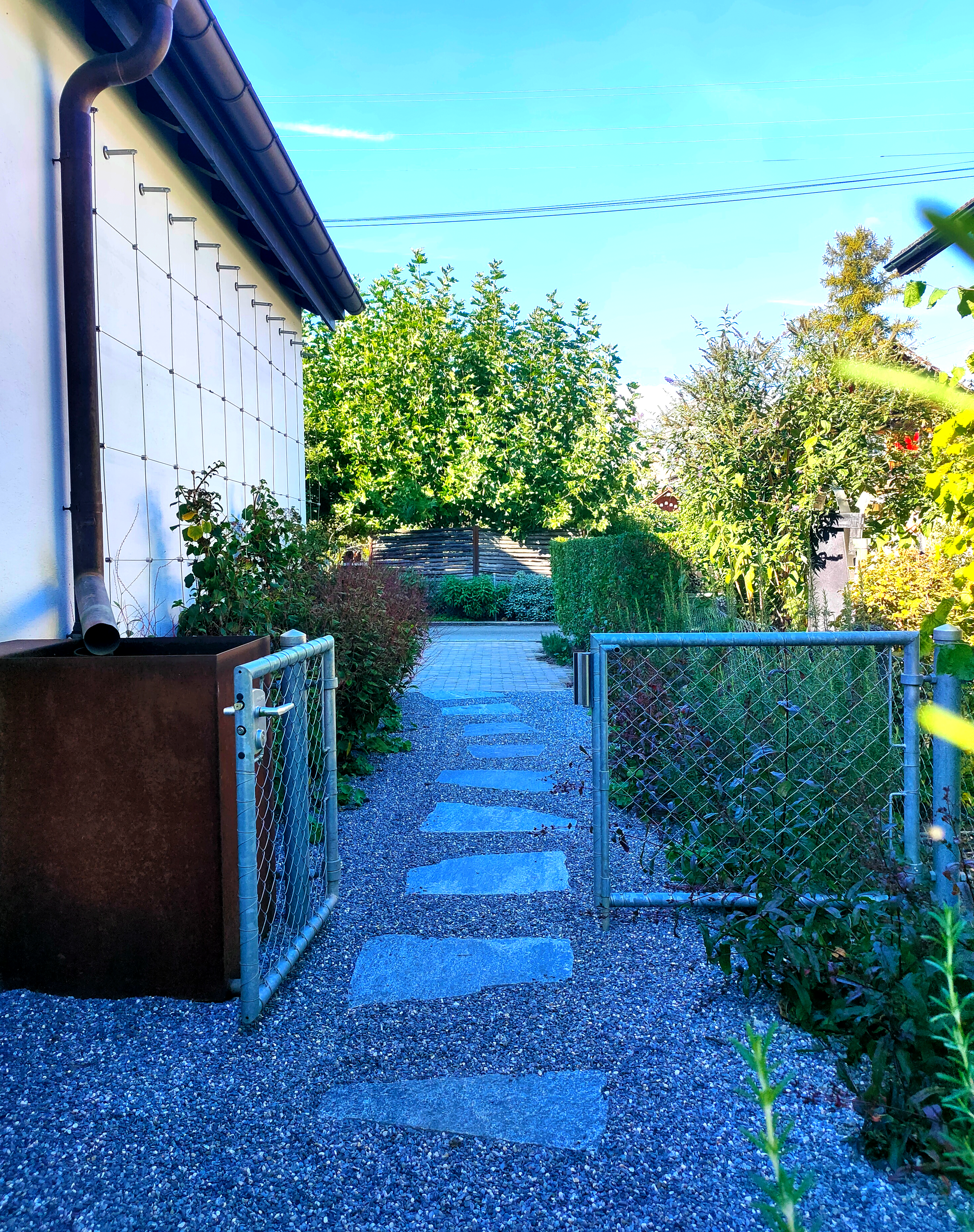Gartenplanung, Schrittplatten durch bepflanzung, Stahlbehälter als Regenwasserspeicher