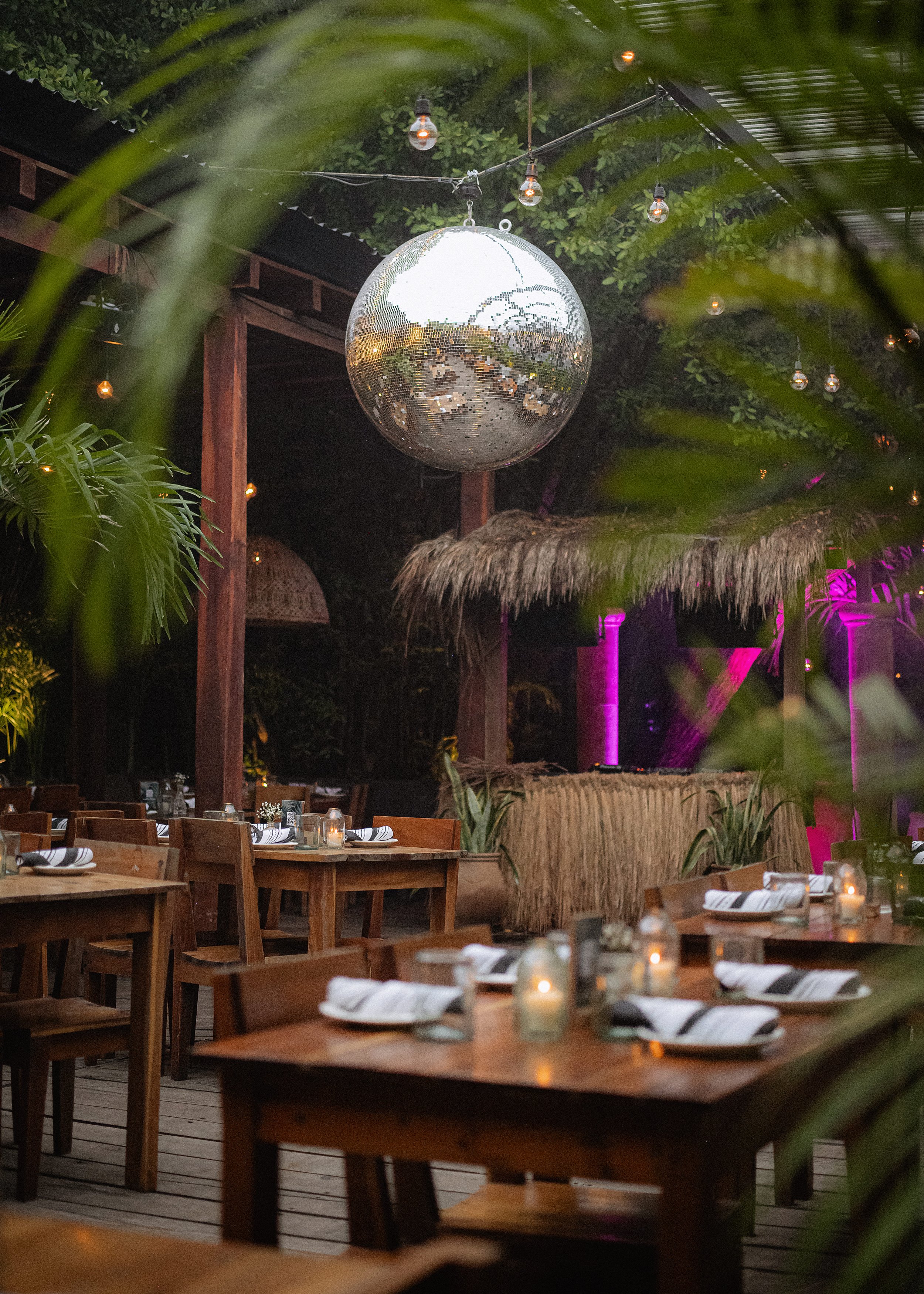 The entrance to GITANO DUBAI at J1 Beach, lined with palms and tropical greenery leading to a chic beachfront oasis.