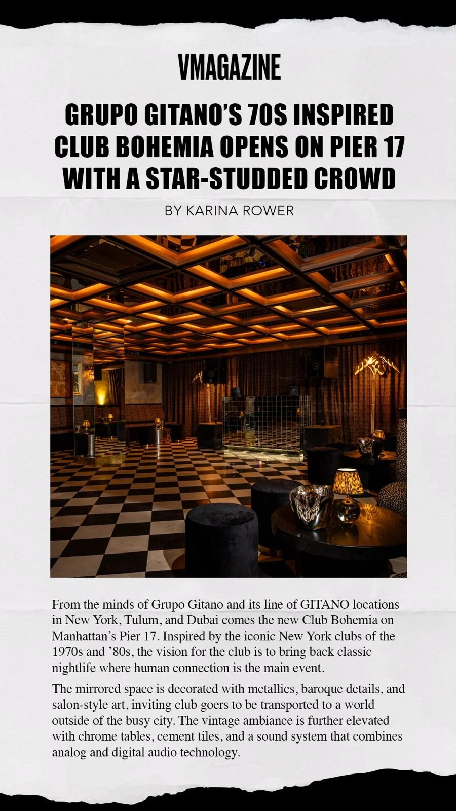 Grupo Gitano’s latest concept, Club Bohemia, brings 70s-inspired NYC nightlife to Pier 17. As featured in VMAGAZINE, the mirrored, baroque lounge fuses retro glamour with cutting-edge audio tech, designed for dancing, connection, and a full escape fr
