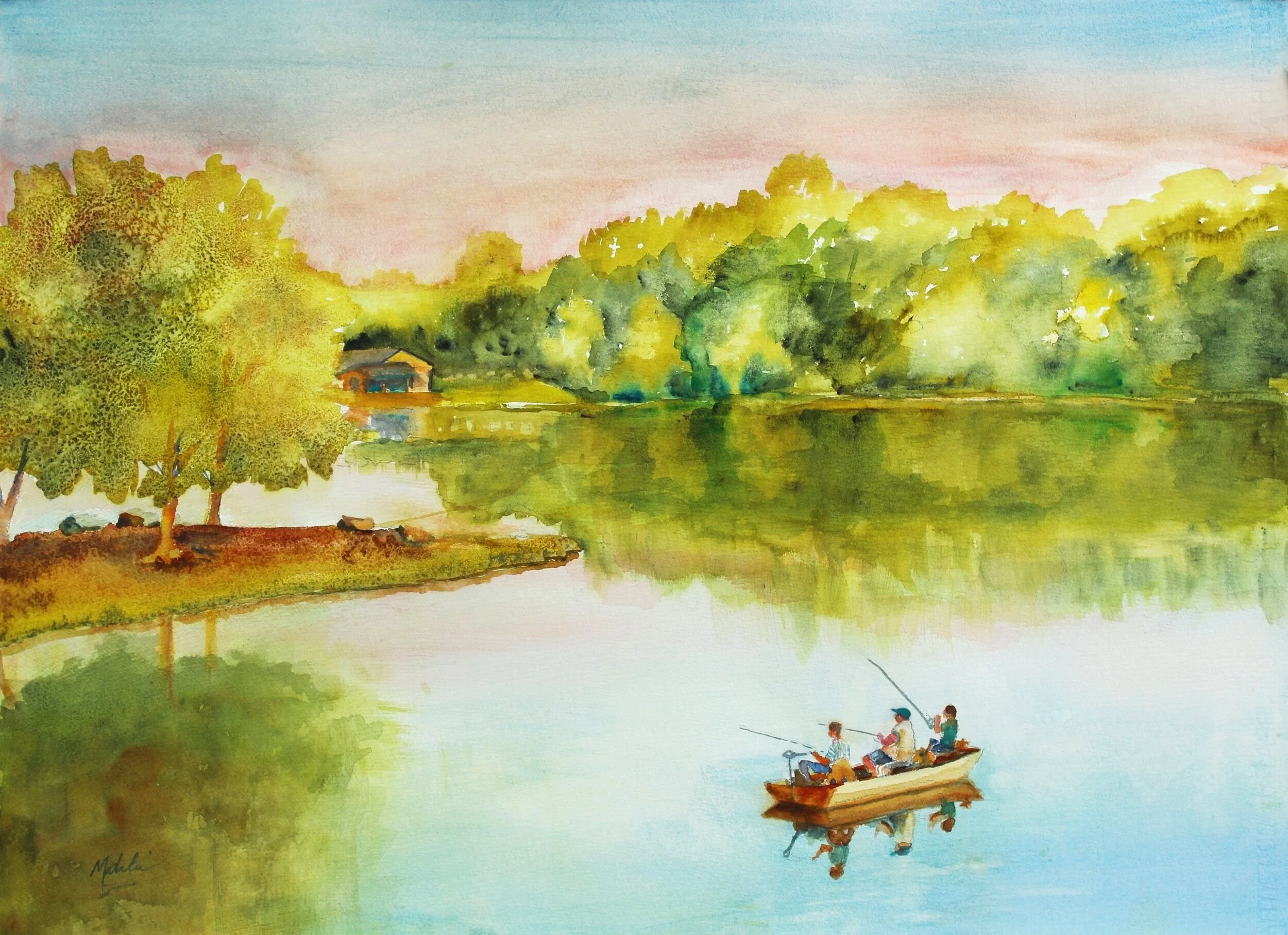 Gone Fishin at the Lake 38x30 watercolor $300 unframed $600 framed