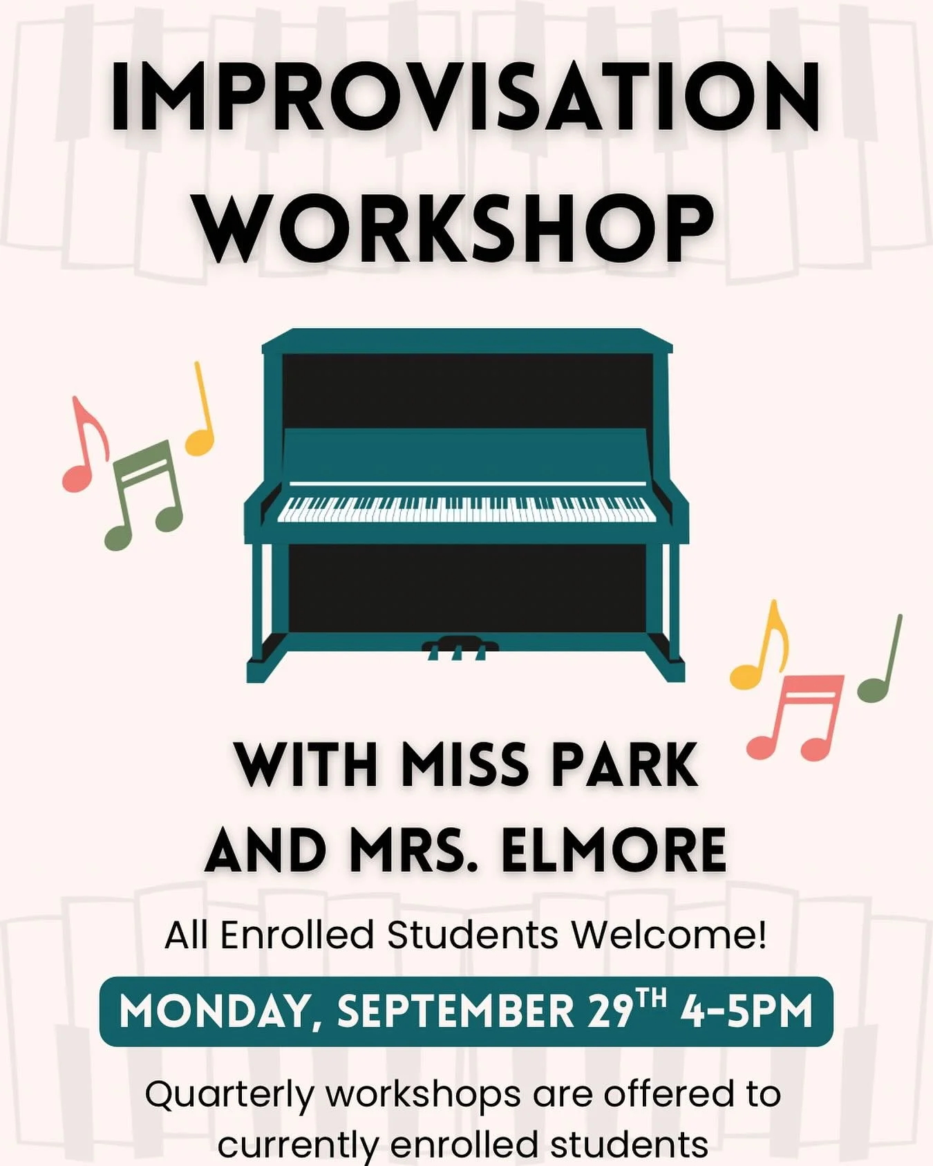 ✅ Reminder for our current students: our upcoming improvisation workshop is right around the corner! 
One of the perks of taking classes at our studio is access to fun quarterly workshops like this. New to our studio? Book a trial lesson today and yo