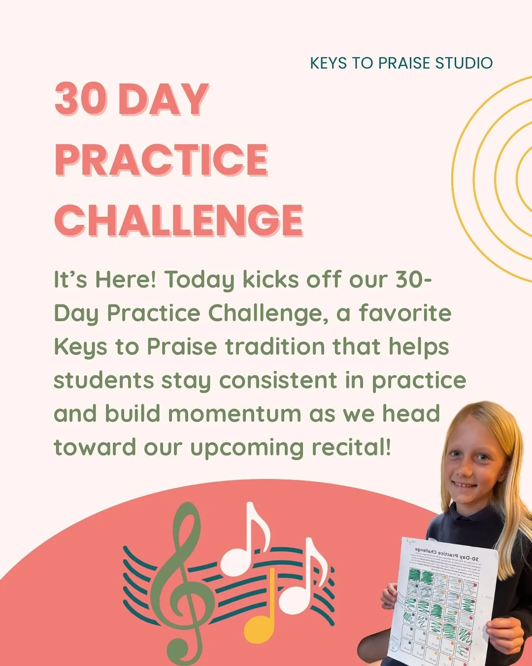🎶 Our 30-Day Practice Challenge starts today!
Each fall, our students rise to the challenge of committing to 30 days of consistent practice leading up to Recital Day!
A fun incentive turns into something much deeper: 🌟 stronger focus
🌟 lasting con