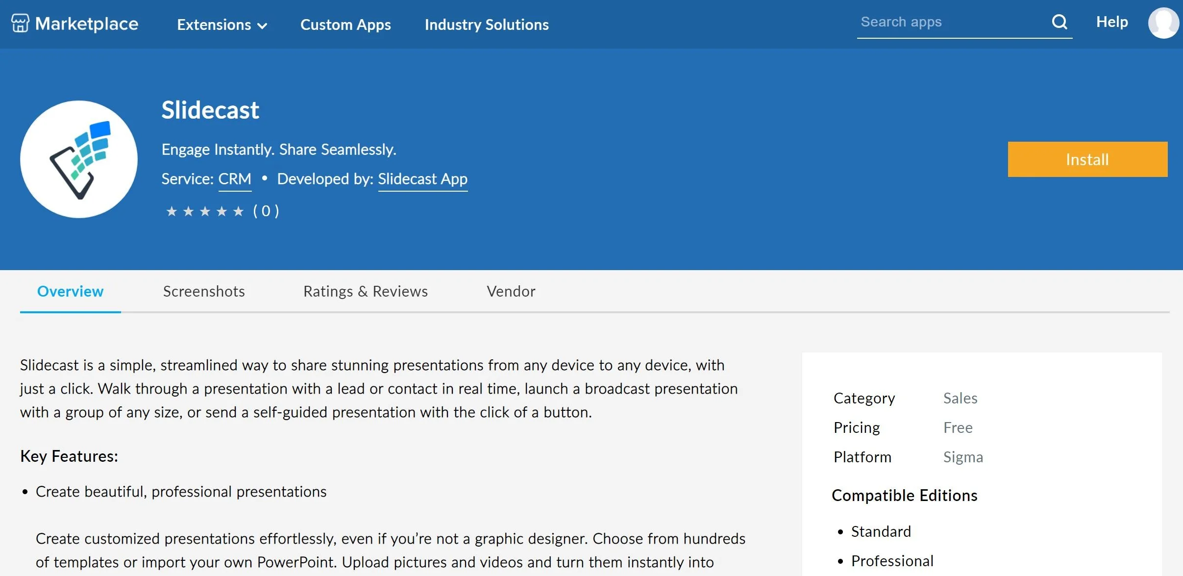 Click the “Install” button. Once you have agreed with the Terms of Service and authorized Slidecast to access and process your data, click “Install Now”