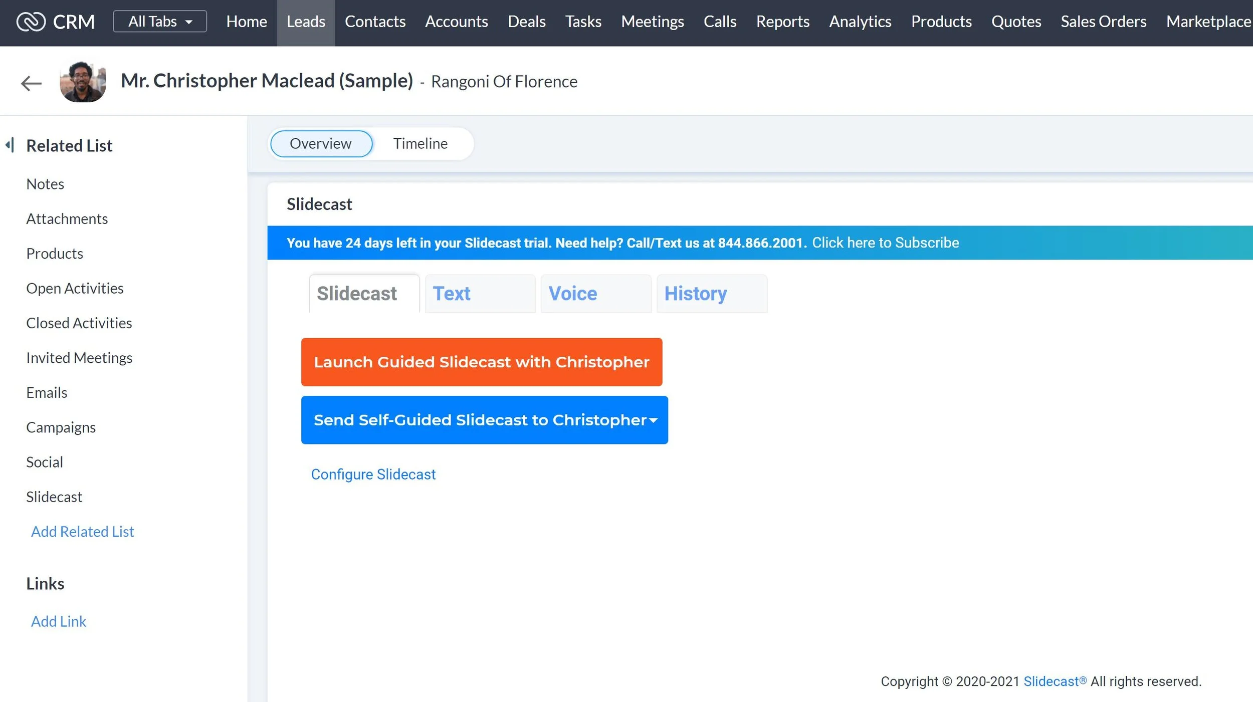 The App will automatically log you in and display four tabs for you to work with your lead or contact.From here you can launch a guided presentation or send a self-guided presentation to your lead or contact. Click “Launch Guided Slidecast with [Your Contact]”