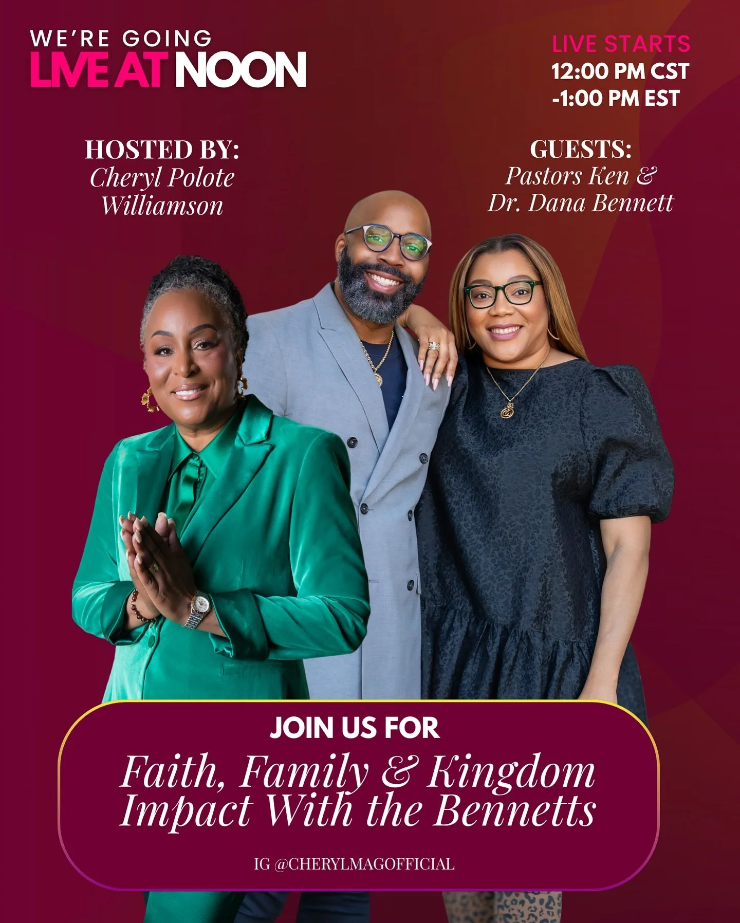 ✨ Midday Manna: Faith, Family &amp; Kingdom Impact ✨
Today &mdash;Tuesday, September 30 at 12 PM CST | 1 PM EST, Pastors Ken &amp; Dr. Dana Bennett of @connectchurchplanojoin Dr. Cheryl Polote Williamson for a powerful Instagram Live conversation on 