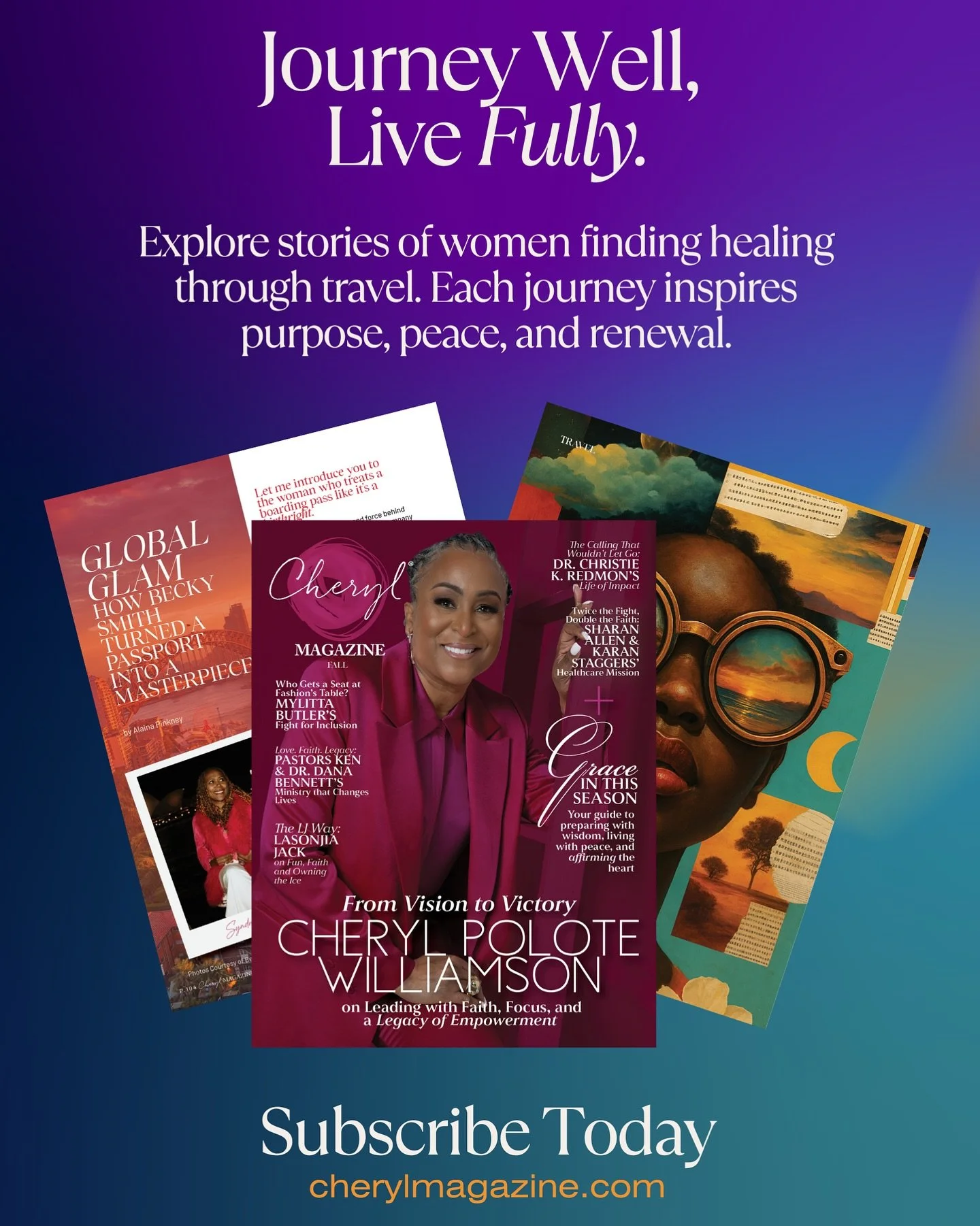 ✨ Don’t Miss Our Fall Issue! ✨
Journey with women who find healing and purpose through travel.
Subscribe by October 31 and enjoy 10% off a one-year subscription to Cheryl Magazine.
🌍 Subscribe Today → cherylmagazine.com