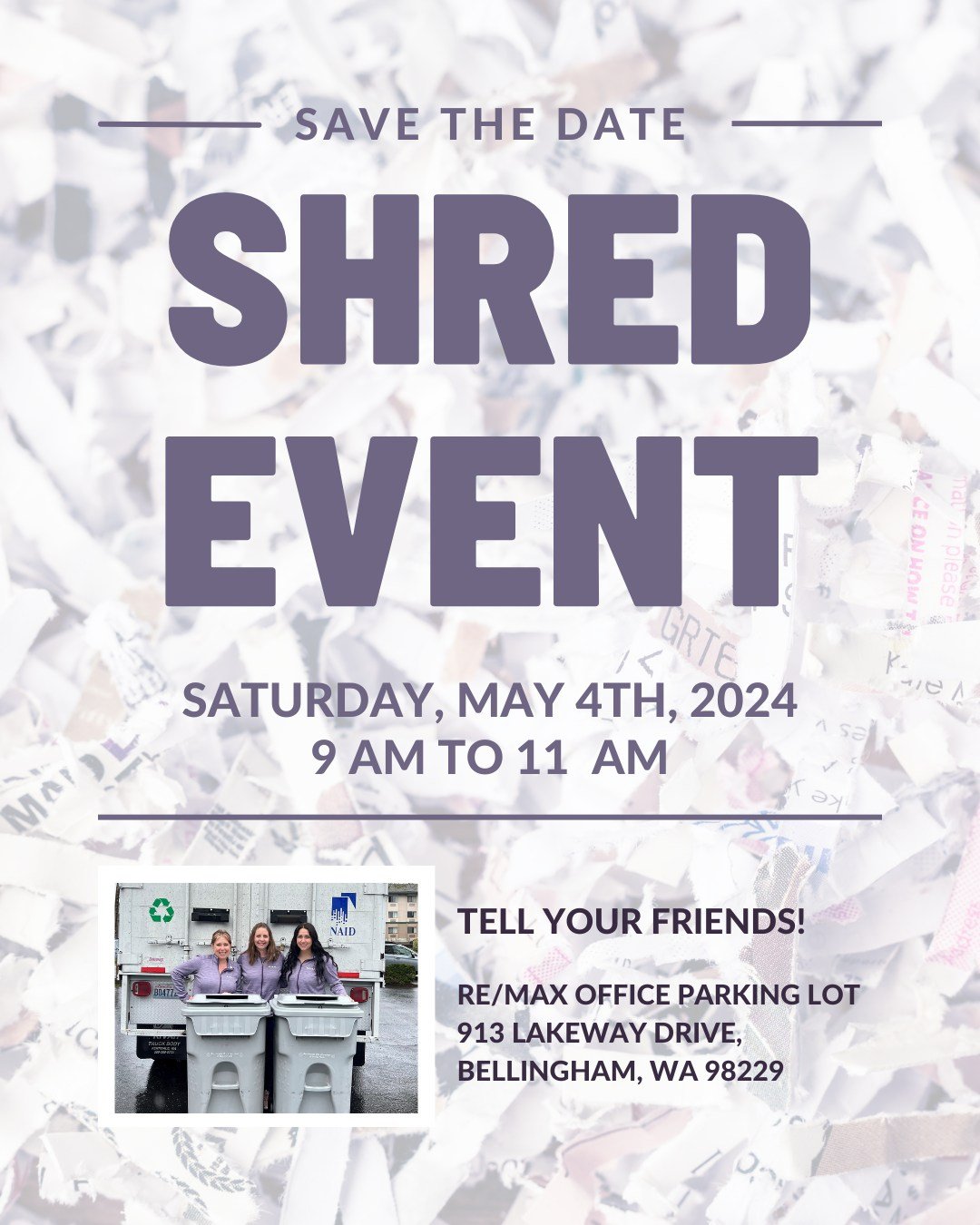 Mark your calendars! With tax season coming to a close, A-1 Shredding is coming to our Lakeway Office (913 Lakeway Drive) to take care of YOU and your family/friends' shredding needs. 📃

On Saturday, May 4th from 9 AM to 11 AM, we will be in the par