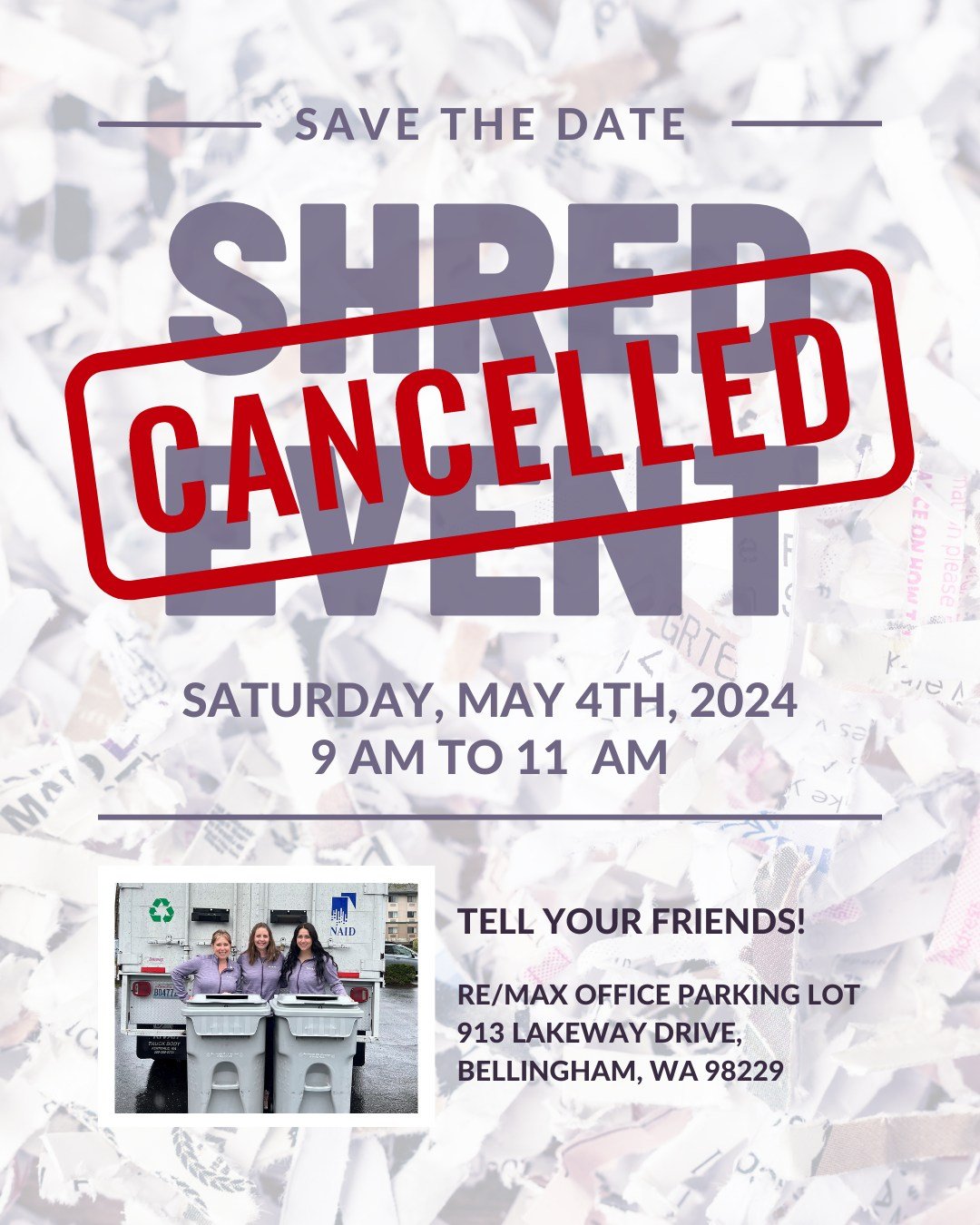 Unfortunately due to unforeseen circumstances, we have to cancel our Shred Event scheduled for this Saturday, May 4th. We are sorry for any inconvenience this may cause and we do hope to continue this annual event in 2025!

If you live in Ferndale, d