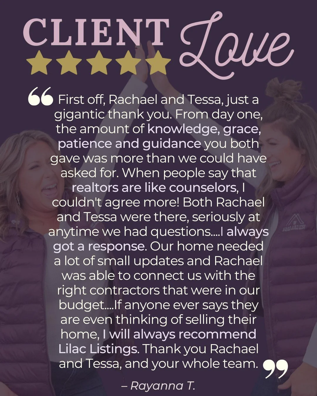Thank you, Rayanna! 🥰 It was truly an honor, a pleasure, and a privilege to help you through such a meaningful transition. 

Helping people navigate big life moments like these is exactly why we love what we do. We&rsquo;re so grateful Rayanna took 