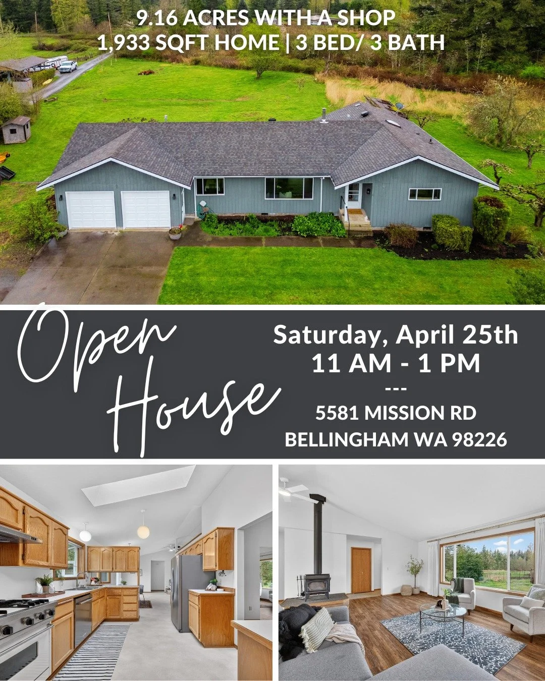 📍Come by this Saturday 4/25 to 5581 Mission Rd, Bellingham 98226 from 11am-1pm. 😍 It's a spacious 3bd/3ba home on 9+ ACRES with a large shop! 

👉Send this to a friend who's looking for a home on acreage in Bellingham!

Click the link in our bio fo