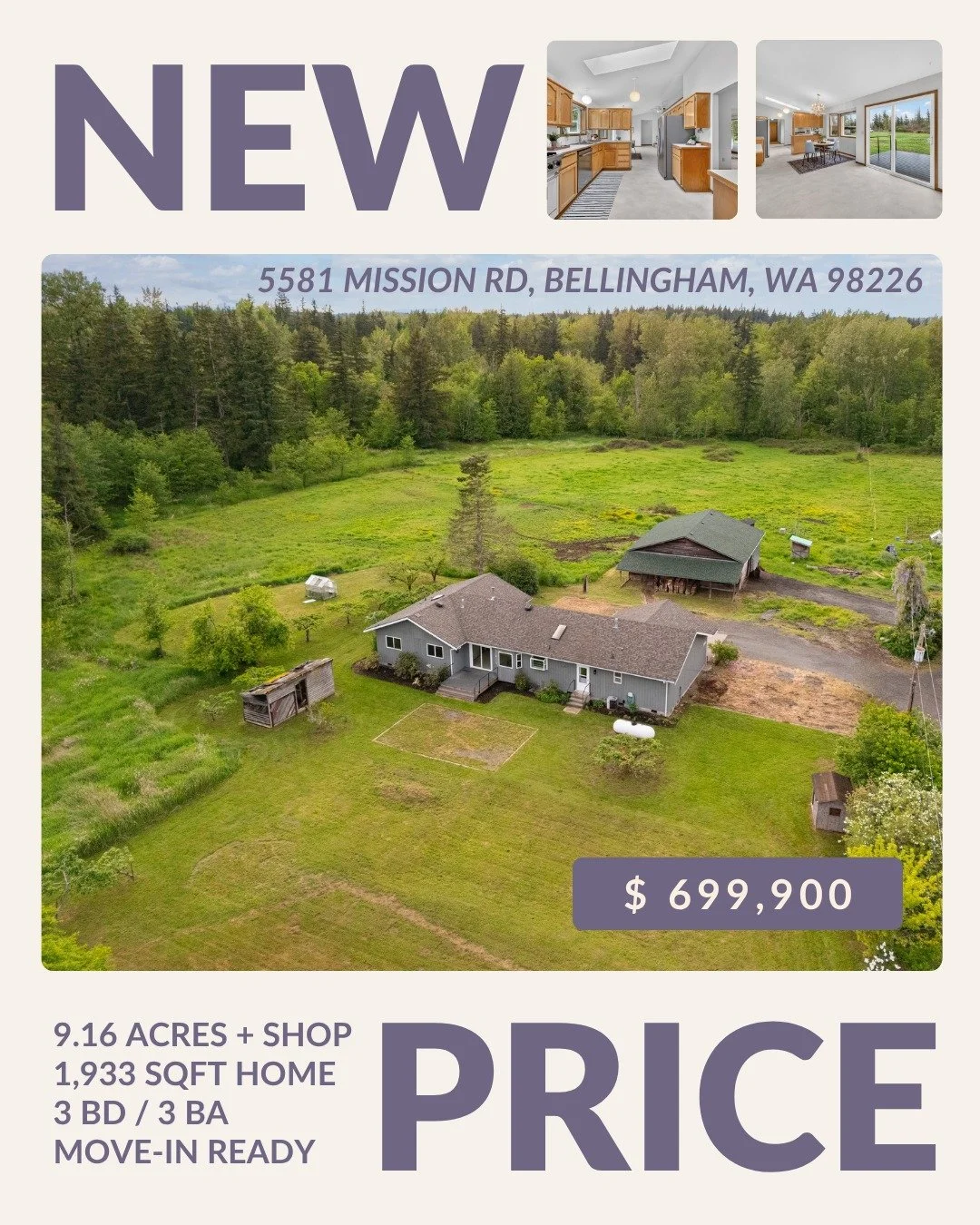 It's time to make your dreams of owning acreage in Bellingham a reality.  Now priced at $699,900, this mid-county gem is ready to welcome you home.

📍5581 Mission Rd, Bellingham, WA 98226

✨ 3 Bedrooms | 3 Bathrooms
✨ 1,933 Sq Ft Home
✨ 9.16 Acres
✨