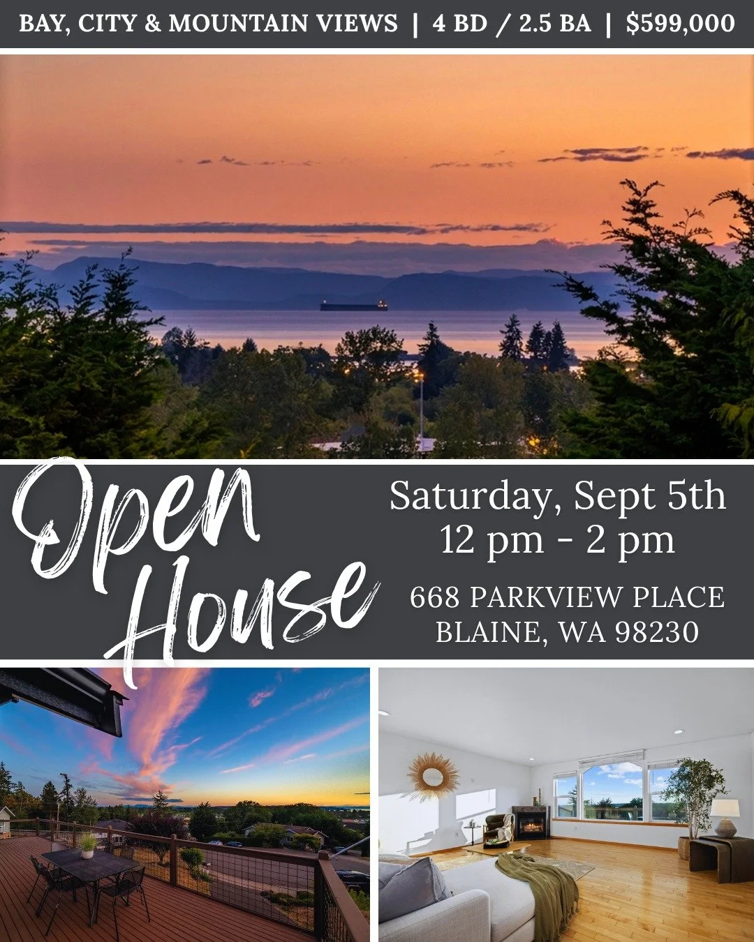 Come check out the views for yourself, this Saturday 9/5 from 12pm-2pm!

📍 668 Parkview Place | Blaine - listed for just $599,000!

✨ 4 bedrooms + office/den
🛁 2.5 bathrooms
🏡 Primary living on the main floor
🌅 Expansive west-facing entertainment