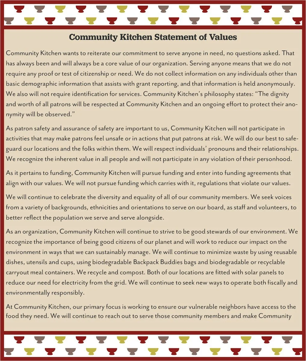 A final Values Tuesday post - the entire statement...because #valuesmatter!

#ckmorethanameal  #hungerendshere  #cktogetherwecan