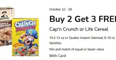 From now through 10/28 (next Tuesday), you can buy 2 Cap'n Crunch or Life Cereals or Quaker Instant Oatmeal, and get 3 FREE! These items are wonderful things for our Backpack Buddies program, as we include at least 4 servings of breakfast items in th