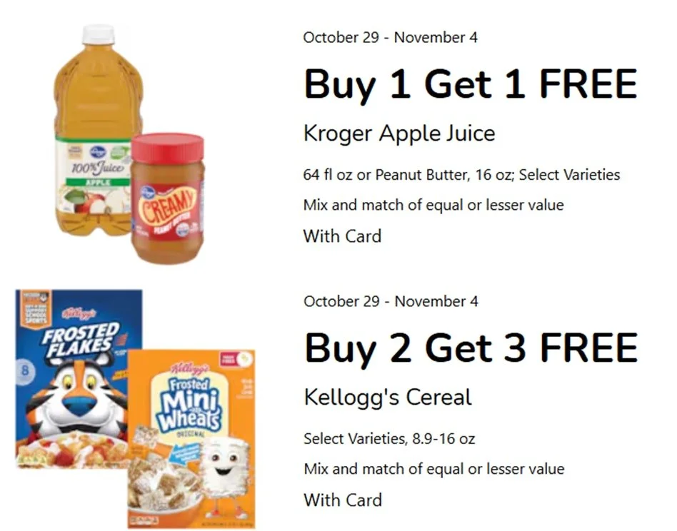 Here are a few items on sale at Kroger that would be really helpful at Community Kitchen! Kellogg's cereal is Buy 2, Get 3 free and those can be used for our Backpack Buddies program. Kroger 16oz peanut butters are Buy 1, Get 1 free and those are als