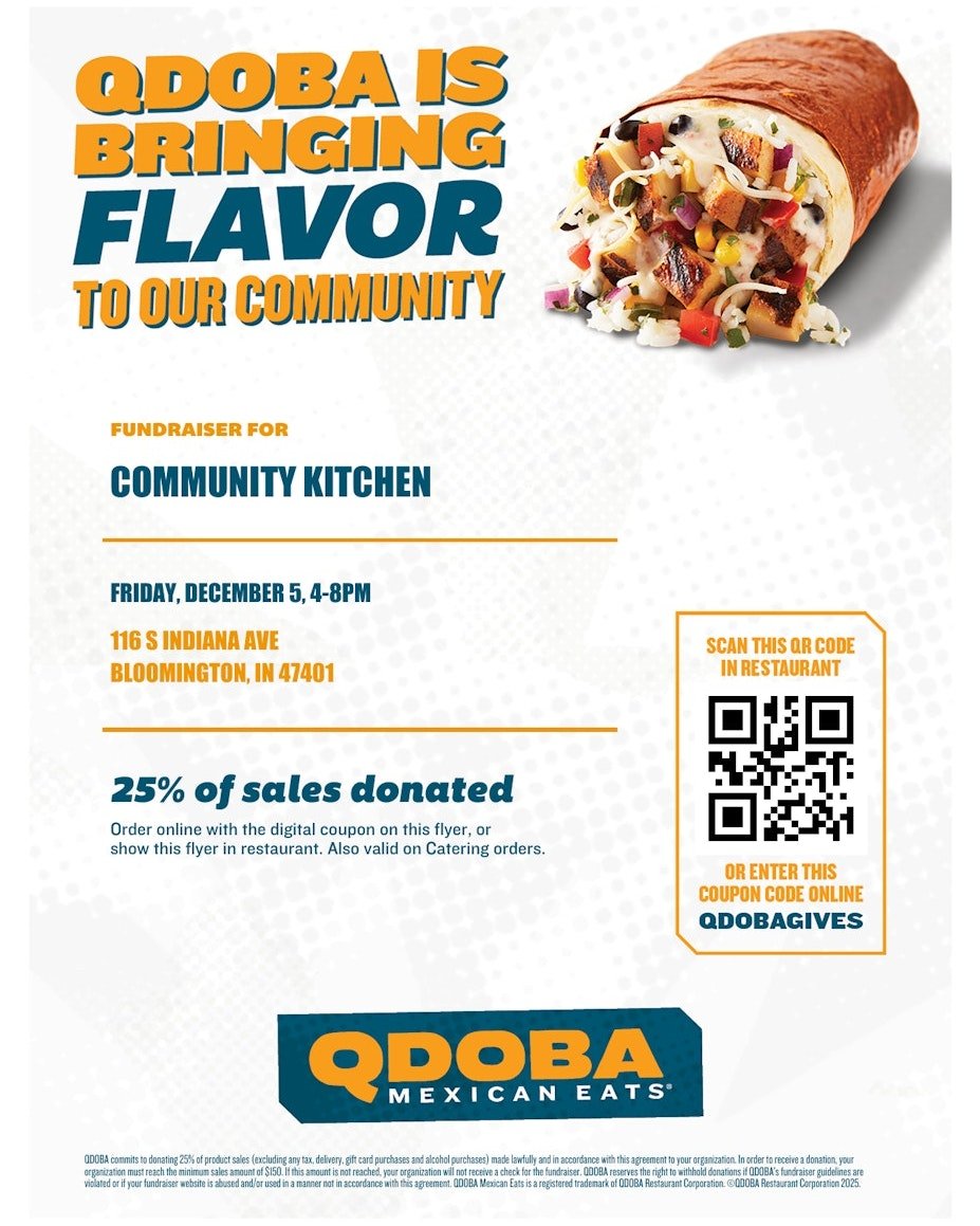 Heads up, Bloomington! Just a few days left until our fundraiser. If you&rsquo;re looking for a simple, delicious way to help Community Kitchen provide meals right here in town, this is it. Don't forget that this Friday, every Queso order is a quarte