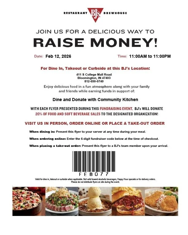 TODAY&rsquo;S THE DAY! 🚨 

Eat at BJ&rsquo;s Restaurant &amp; Brewhouse TODAY and support Community Kitchen of Monroe County! 

Grab dinner or a sweet treat from 11am&ndash;11pm at 411 S College Mall Rd. 

Dine in, take out, or order online, just do