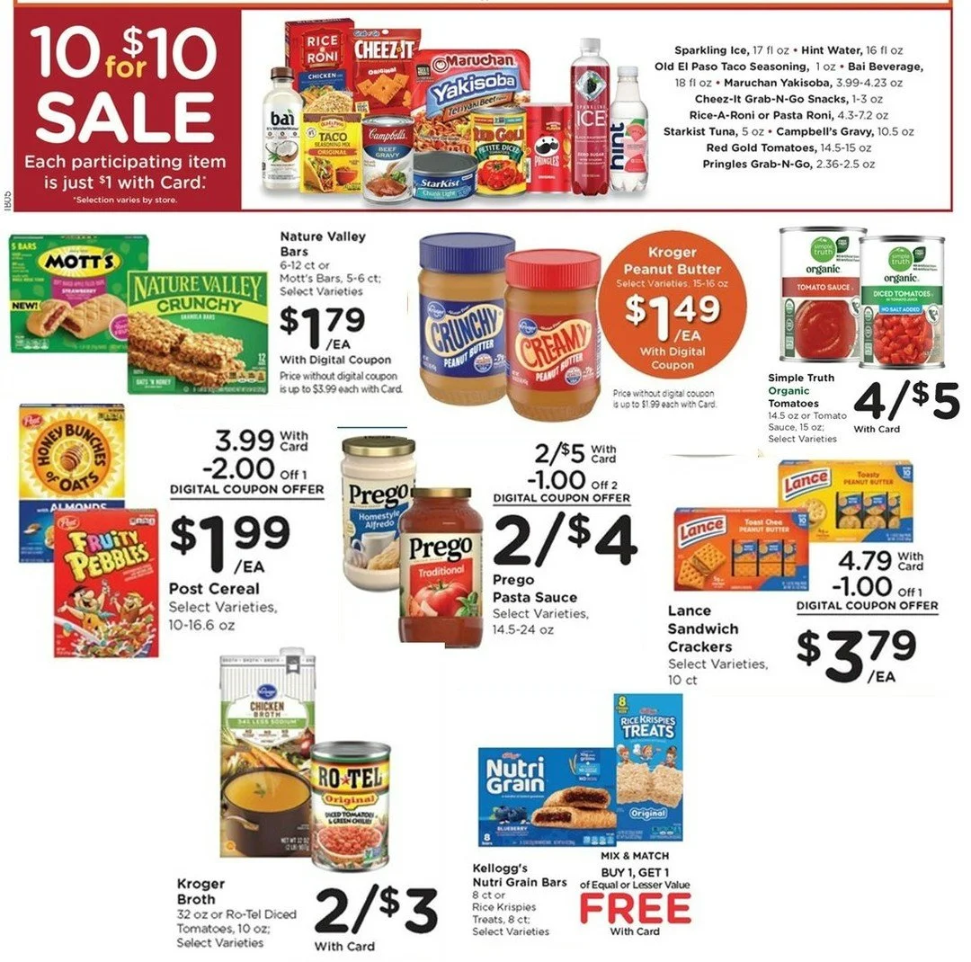 Here are some items on sale at Kroger, today - April 28th, that we could use in our programs. Some are just on sale. Some are the prices with digital coupon:

Rice a Roni
Cheez-its
Maruchan Yakisoba
Red Gold tomatoes
Starkist tuna
Mott's bars
Nature 