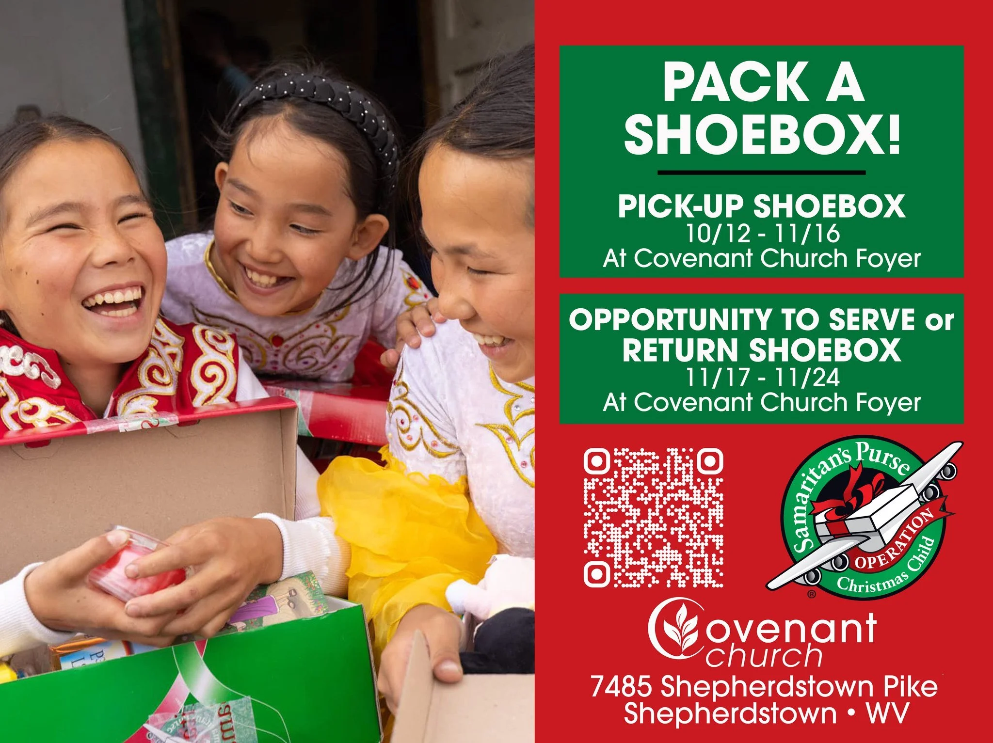 Operation Christmas Child has arrived! Pack a shoebox and/or serve at collection time. Check out the graphic for more info... 

What to sign up to serve? Scan the QR code in the graphic