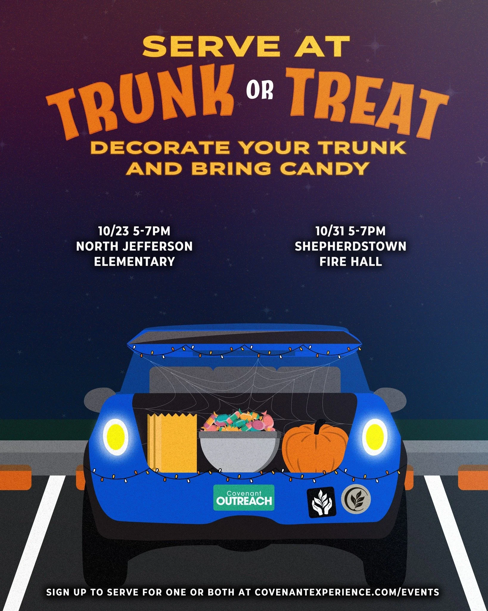 Serve at Trunk or Treat! Decorate your trunk and bring candy to pass out at Shepherdstown Fire Hall THIS FRIDAY 5-7PM. Thank you to those who already served at North Jeffereson Elementary on 10/23!
Sign up at https://covenant-group.churchcenter.com/