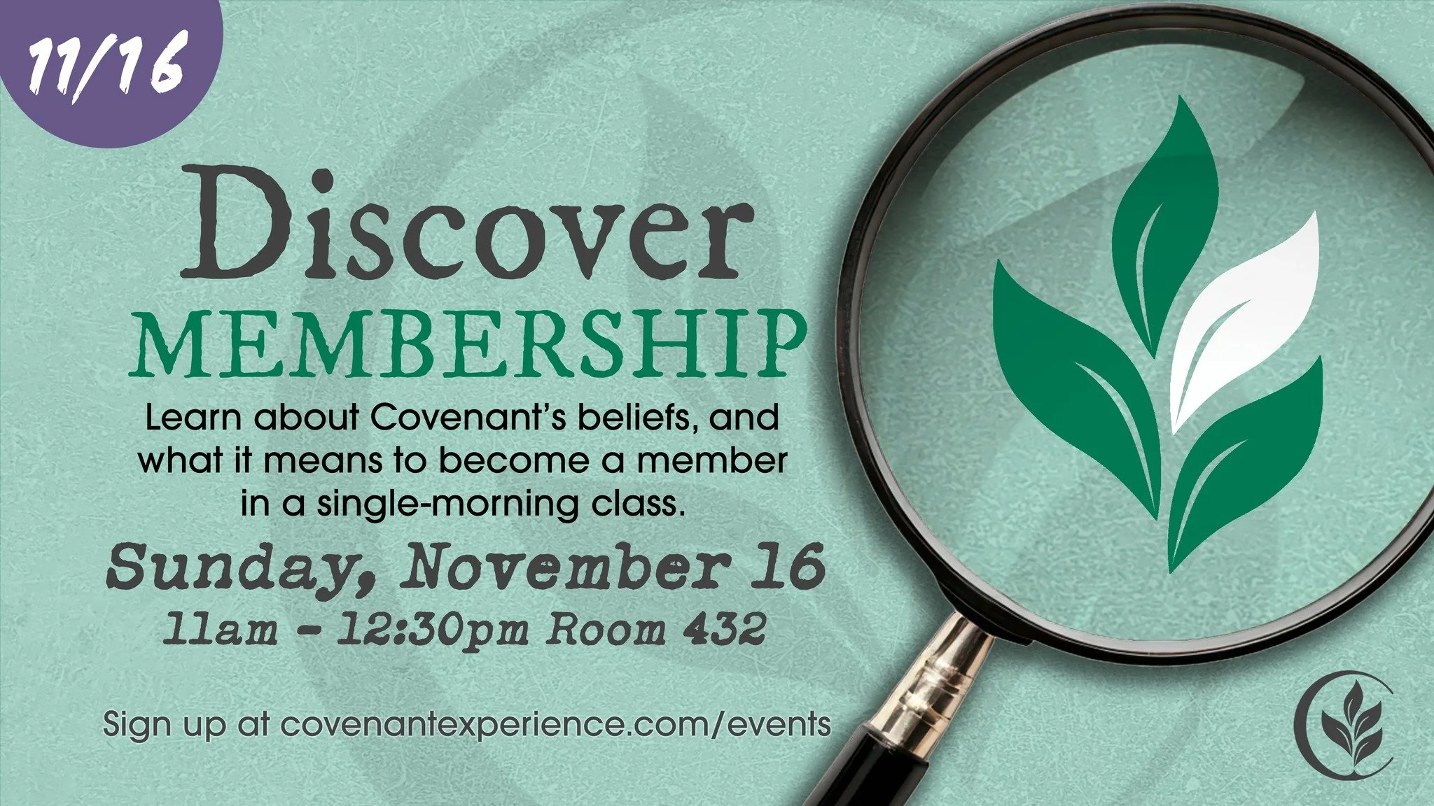 Get to know Covenant, join a Discover Class! 

In our three sequential Discover classes you have the opportunity to explore Covenant Church. You start with Discover Mission, then have a chance to Discover Membership, and the last is Discover Ministry