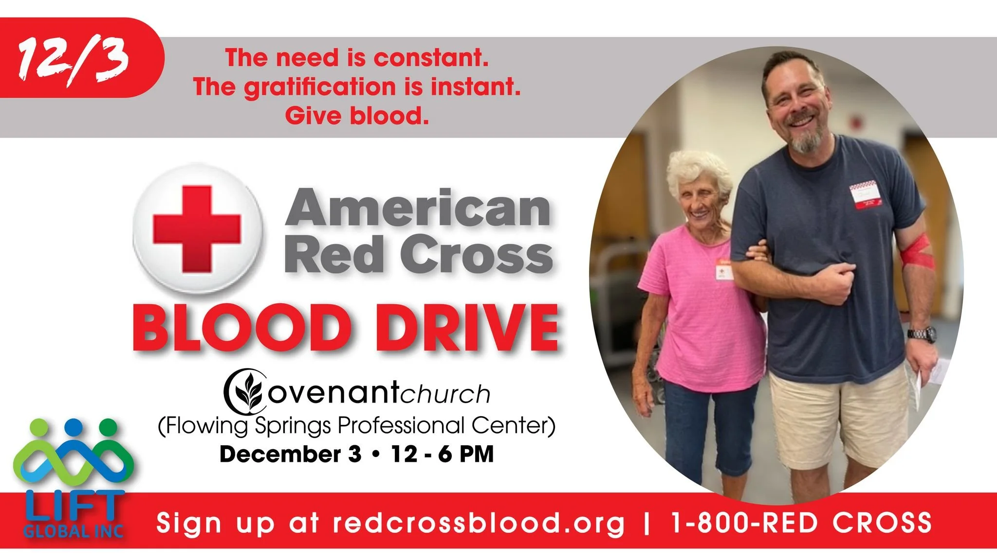REMINDER we are hosting a blood drive on 12/3 at Covenant Church (Flowing Springs Professional Center). Please sign up at redcrossblood.org