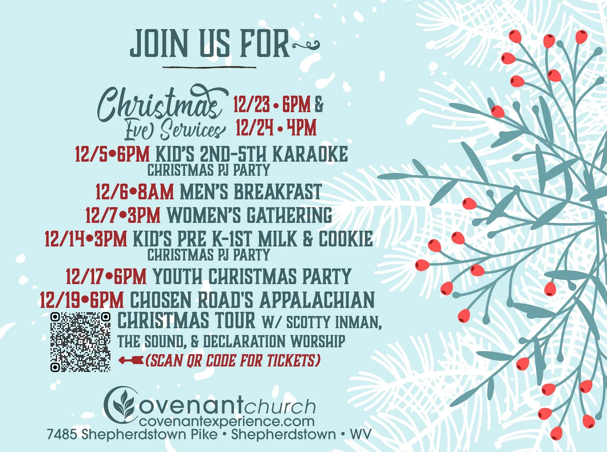 Join us for these events in December!! We have SO much going on...

Check out our sign ups at https://covenant-group.churchcenter.com/registrations

Chosen Road tickets can be purchased at https://www.declaration-worship.com/product/scotty-inman-chos