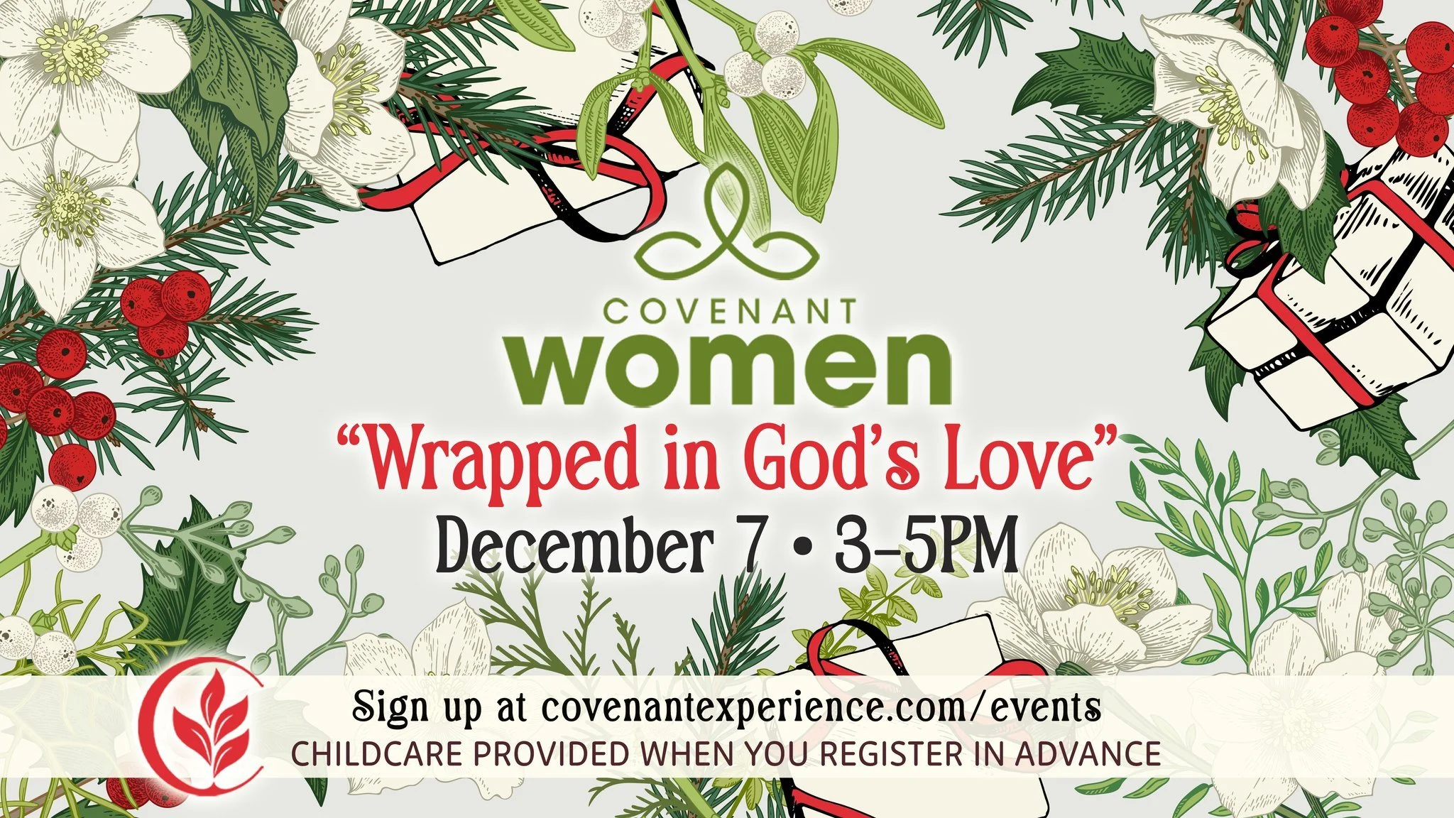 LADIES!! Please join us December 7, 3-5PM for our Christmas gathering!

&quot;Wrapped in God's Love&quot; is our theme and each lady will receive a free gift 🎁💟

Please sign up at https://covenant-group.churchcenter.com/registrations/events/2924265