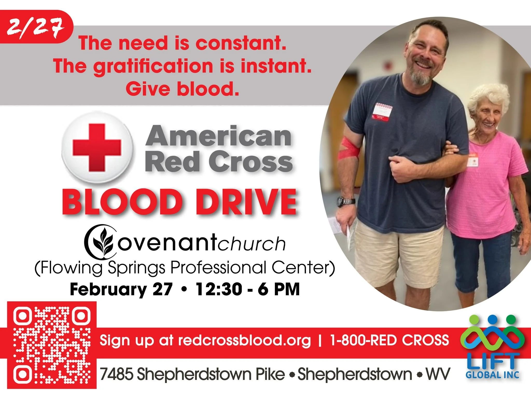The need is constant. The gratification is instant. Give Blood! 

2/27 at Covenant Church (Flowing Springs Professional Center) 12:30-6PM

Sign up at redcrossblood.org