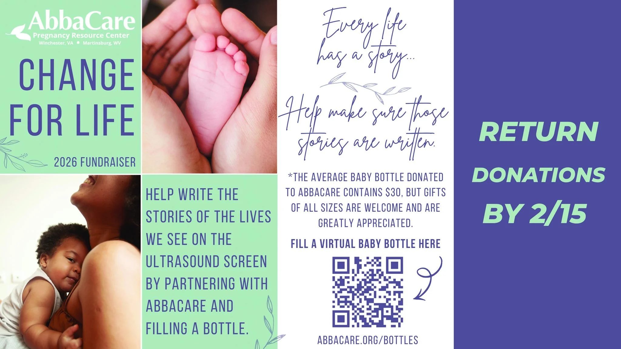 Don't forget to return your filled baby bottle with donations for Abba Care Pregnancy Resource Center's 2026 fundraiser! Return it to the church by February 15th.

Every life has a story... Help make sure those stories are written.

You can also dona