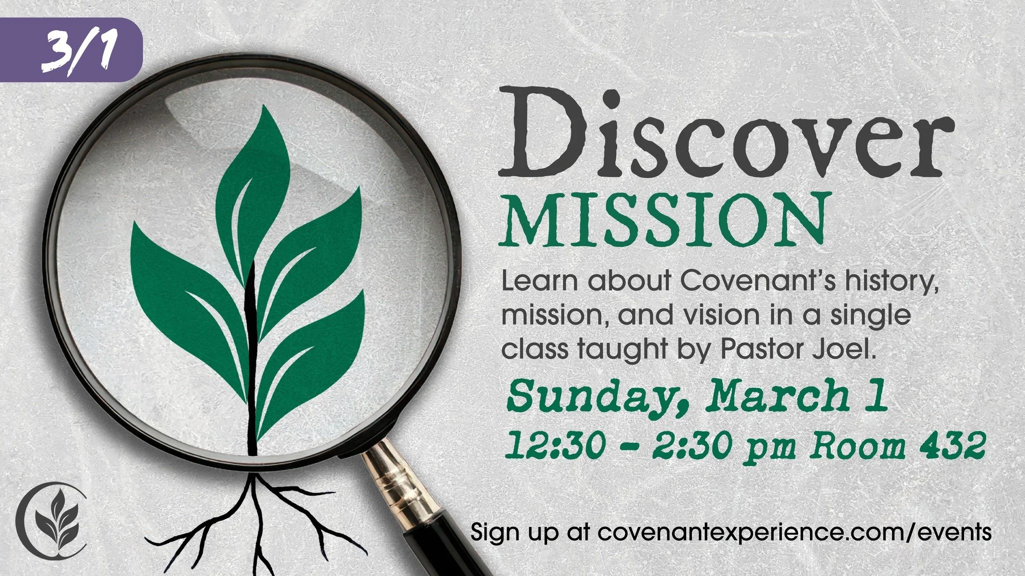 Get to know Covenant through our Discover Classes! 

In our three sequential Discover classes you have the opportunity to explore Covenant Church. You start with Discover Mission, then have a chance to Discover Membership, and the last is Discover Mi