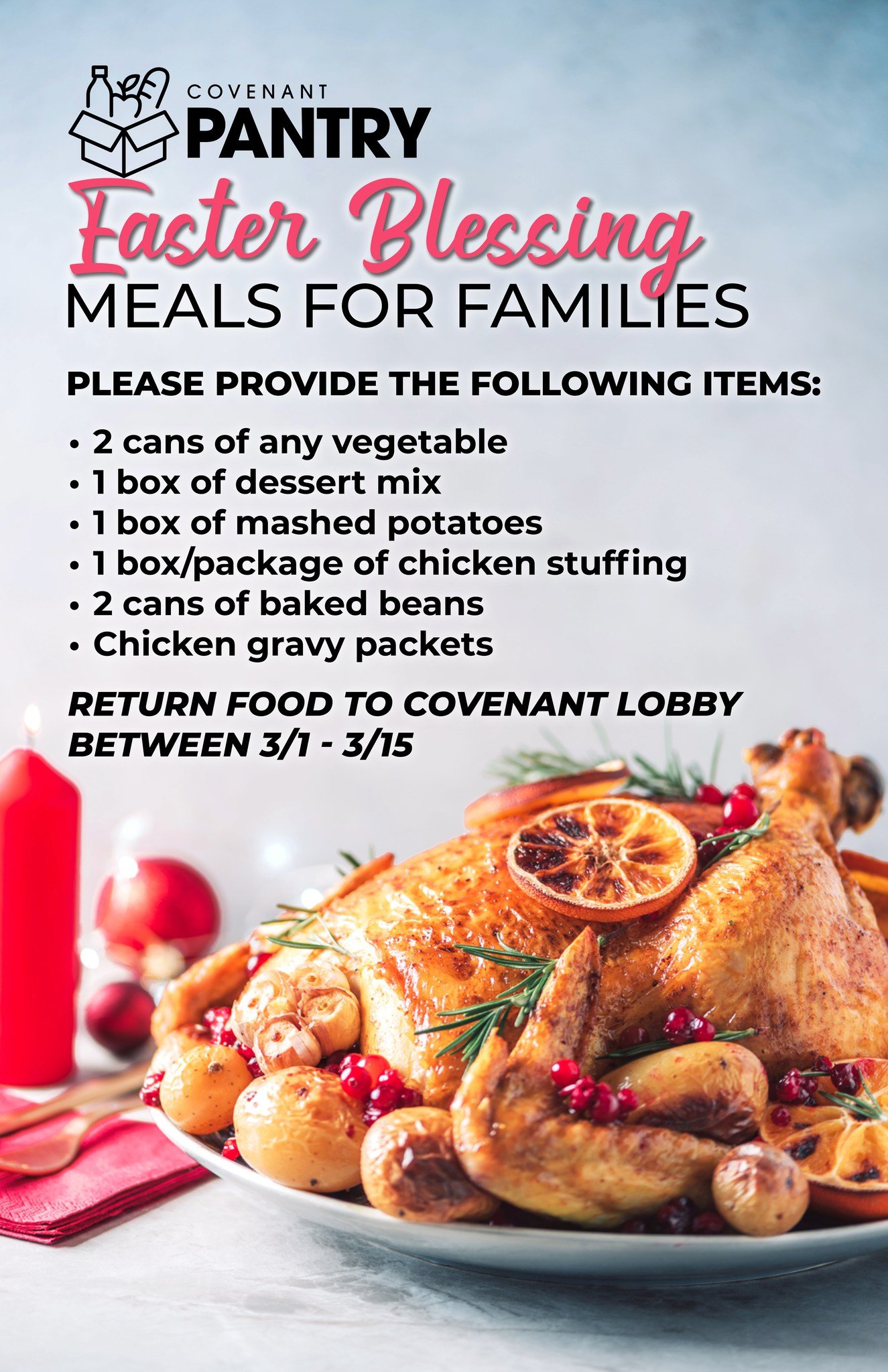 Let&rsquo;s come together to bless families in our community with meals this Easter! 💛

Here&rsquo;s the food list to get us started. Pick up a these items during your next shopping trip and drop off your donations in Covenant&rsquo;s lower lobby an