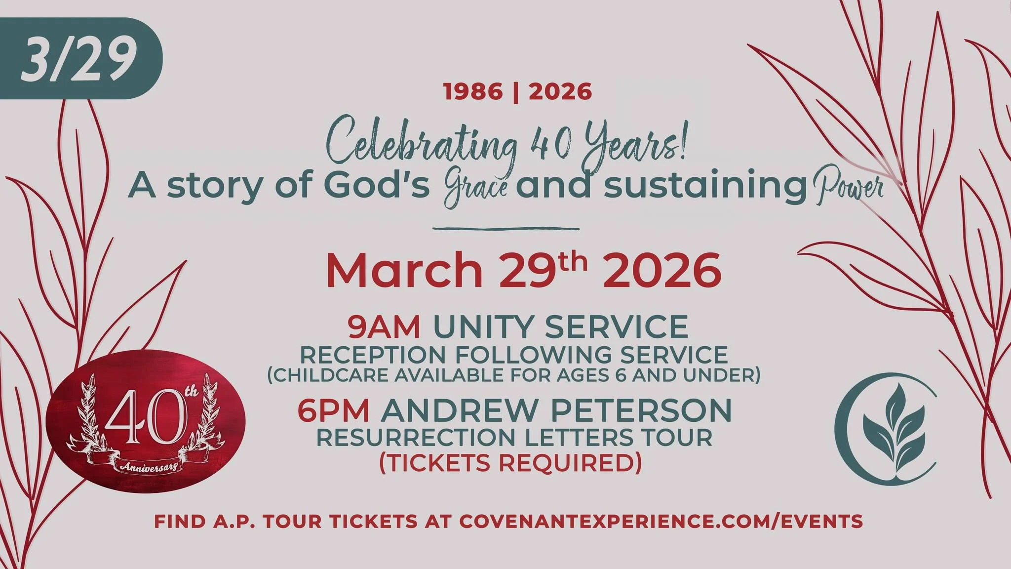 Join us on March 29, 2026, for a special day of celebratiing 40 years at Covenant Church. A Story of God&rsquo;s Grace and Sustaining Power!

The morning begins with a 9 AM Unity Service, followed by a reception. Childcare will be available for ages 
