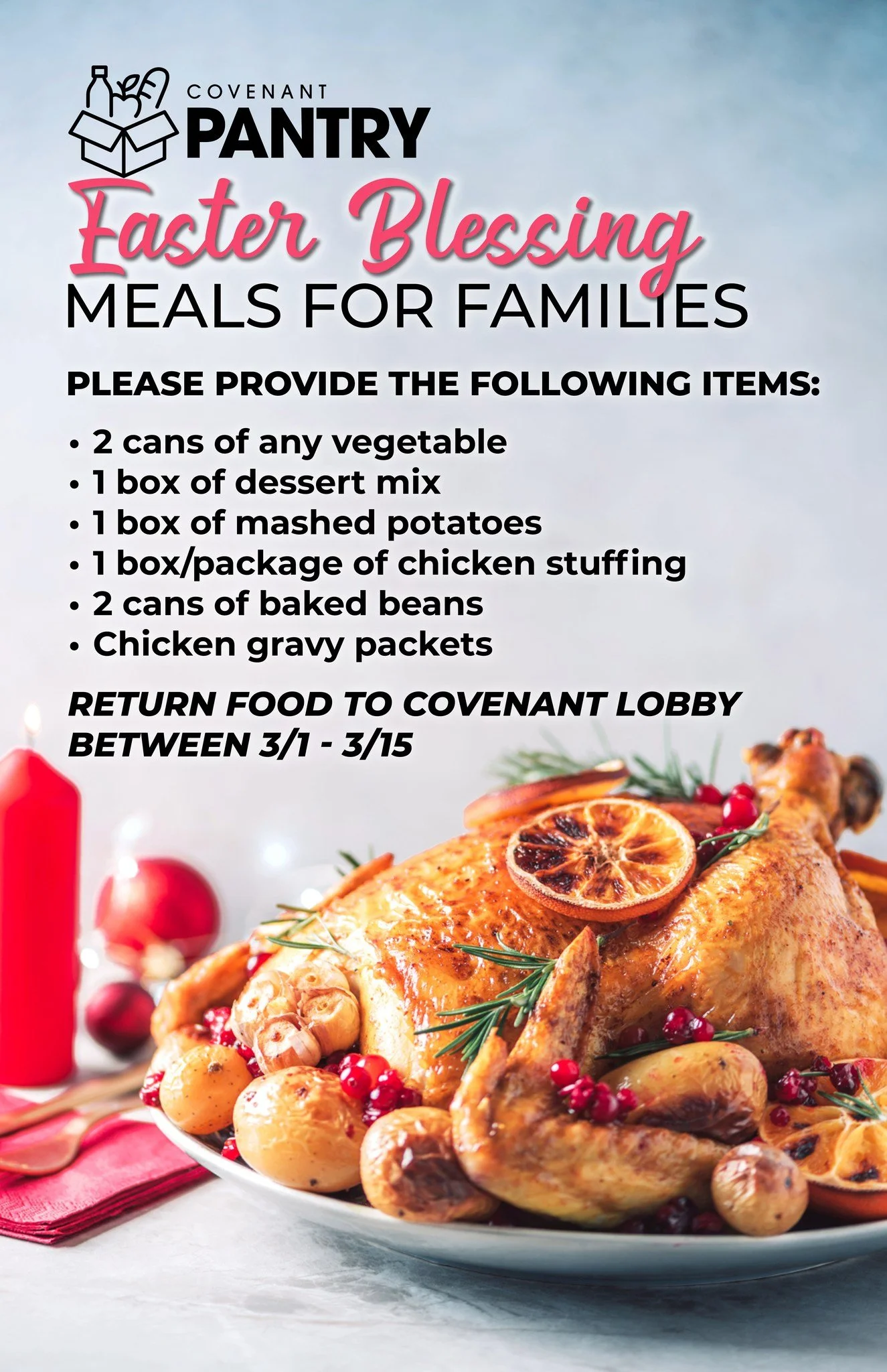 Let&rsquo;s come together to bless families in our community with meals this Easter! 💛

Here&rsquo;s the food list to get us started. Pick up a these items during your next shopping trip and drop off your donations in Covenant&rsquo;s lower lobby an