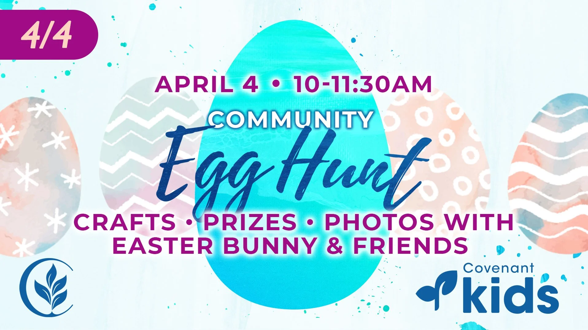 Join us Saturday, April 4th at 10AM for a community Easter Egg Hunt hosted by Covenant Kids! We'll have crafts, prizes, and photos with the Easter Bunny &amp; Friends.