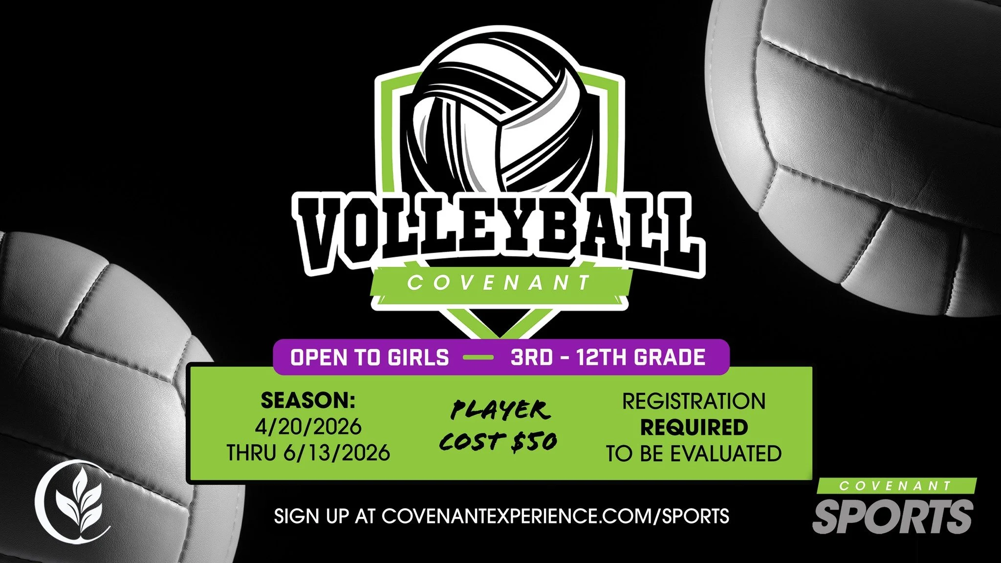 Volleyball and soccer season is now open for registration at Covenant Sports! We're also looking for volunteer volleyball and soccer coaches.

Check out the graphic for season dates! Our goal is to provide a safe space where children can learn skills