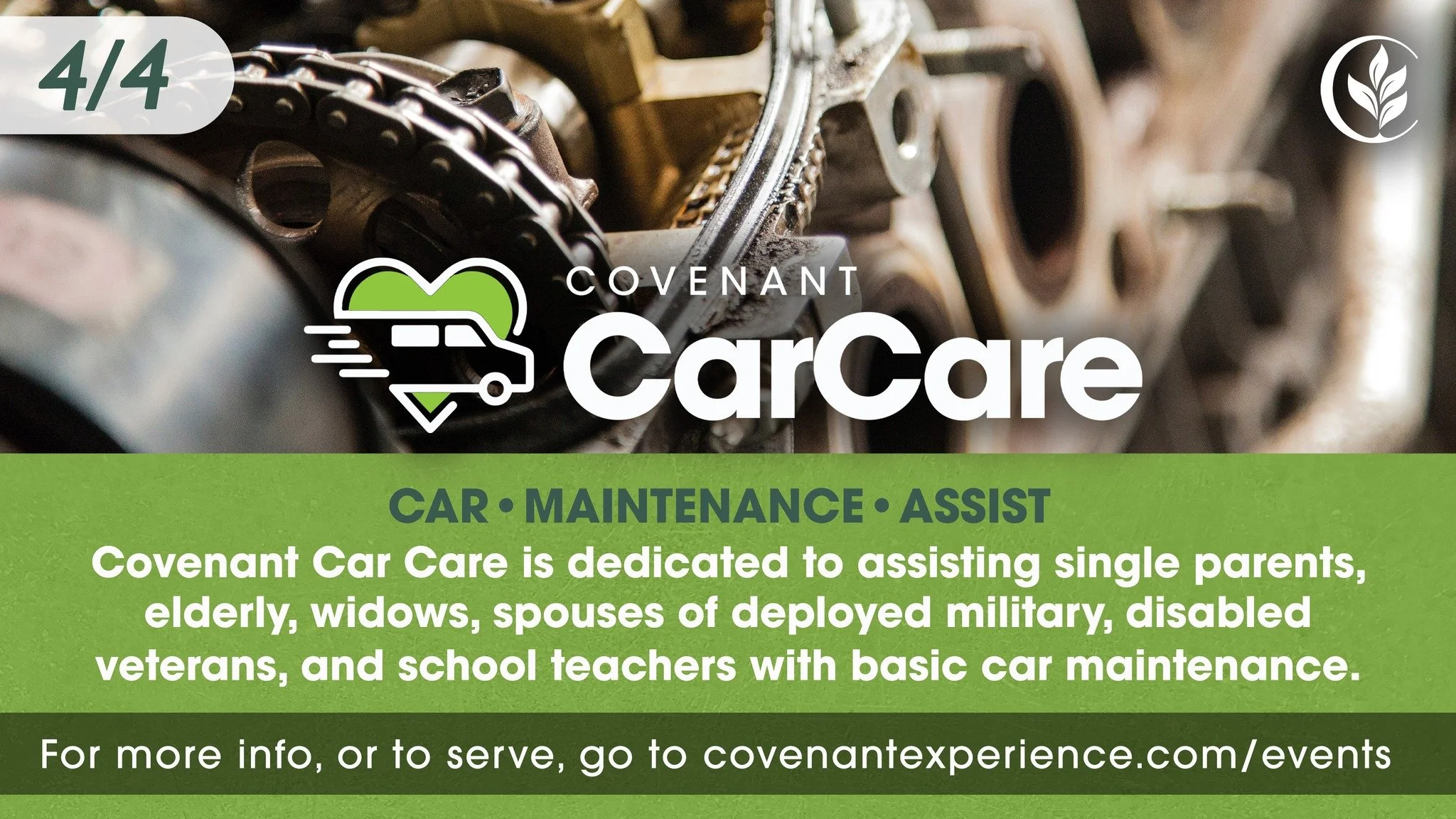 Our next Car Care is Saturday, April 4th! 

The Car Care team is dedicated to assisting single parents, elderly, widows, spouses of deployed military, disabled veterans, and school teachers with basic car maintenance.

Please register online to save 