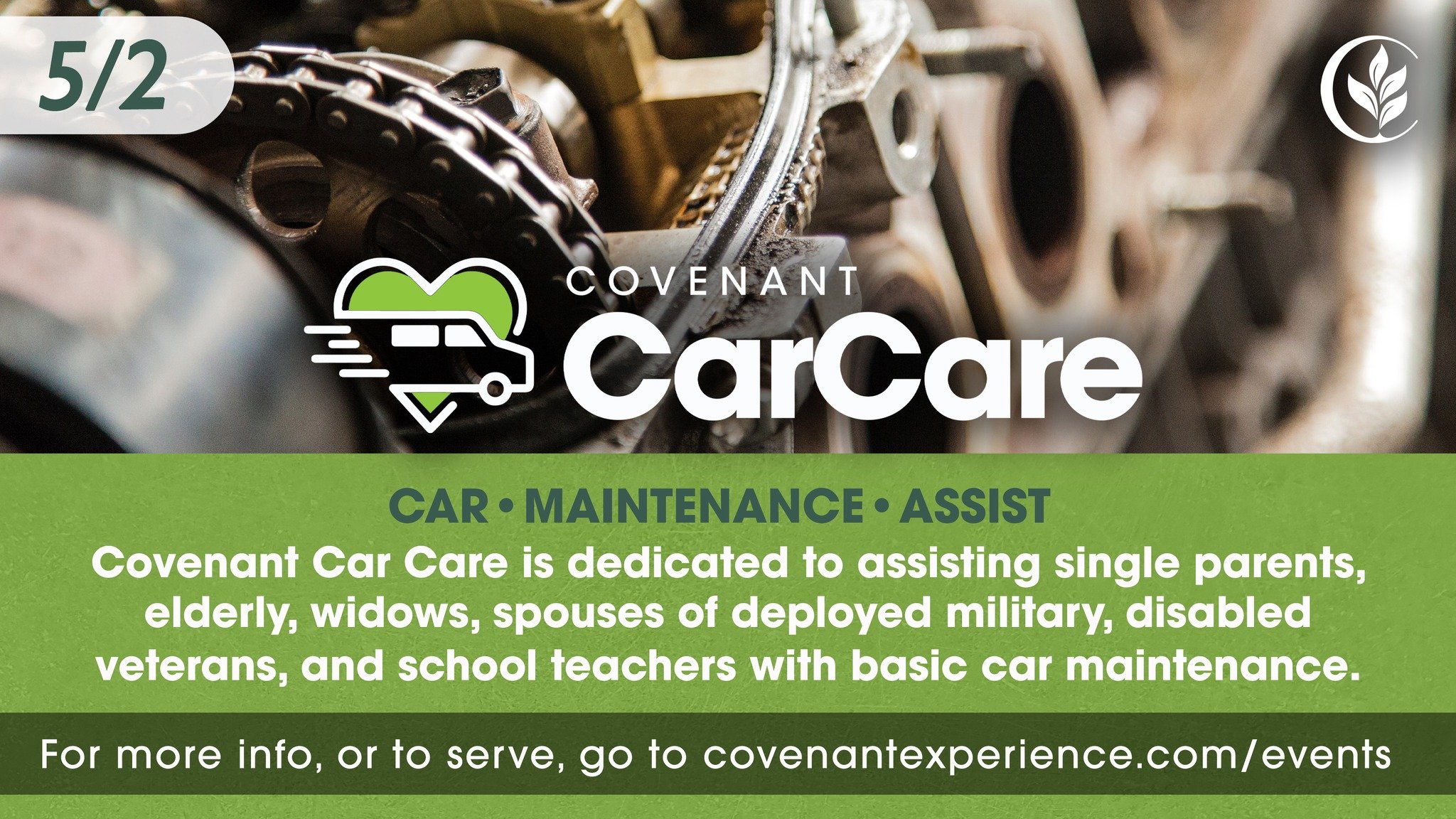 Our next Car Care is Saturday, May 2nd! 

The Car Care team is dedicated to assisting single parents, elderly, widows, spouses of deployed military, disabled veterans, and school teachers with basic car maintenance.

Please register online to save yo