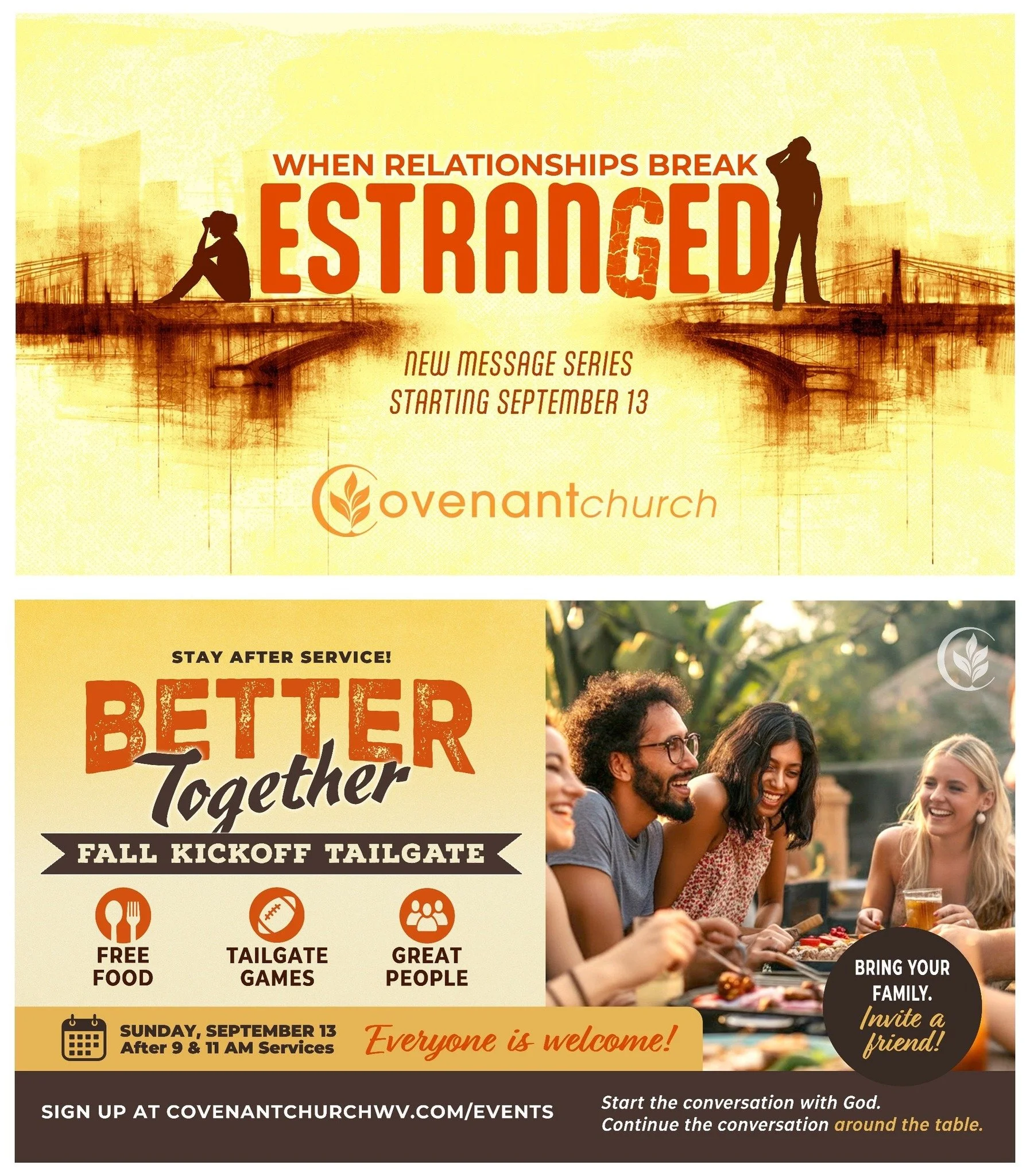 NEW SERIES: Estranged 

PLUS: Stay after worship for Better Together - Fall Kickoff Tailgate

🥩 Free Brisket | 🎯 Tailgate Games | 👨&zwj;👩&zwj;👧&zwj;👦 Community

September 13