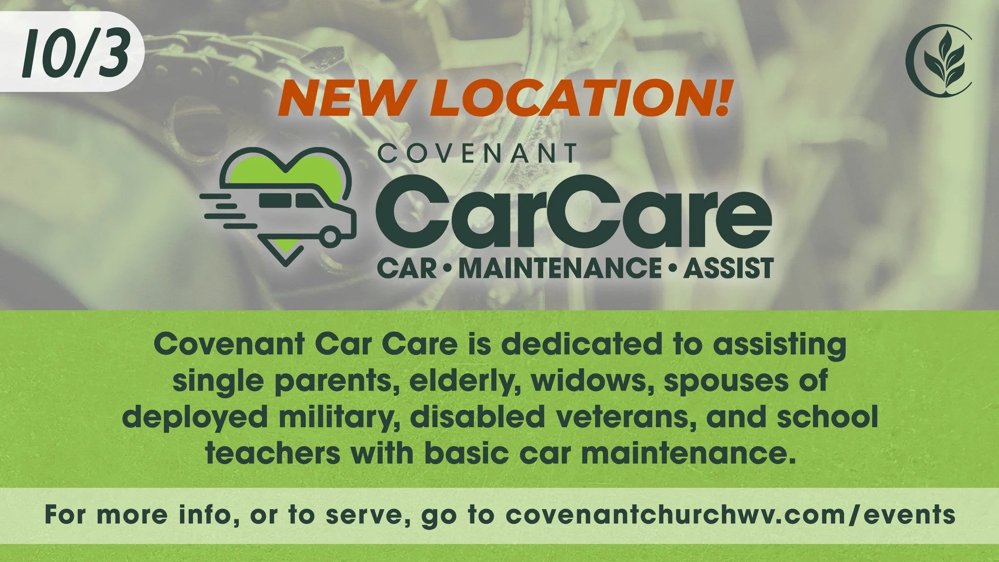 Is keeping up with basic car maintenance a challenge?

If you're a single parent, senior adult, widow, spouse of a deployed service member, disabled veteran, or school teacher, we'd love to help.

Join us for Car Care at our NEW LOCATION on Saturday,