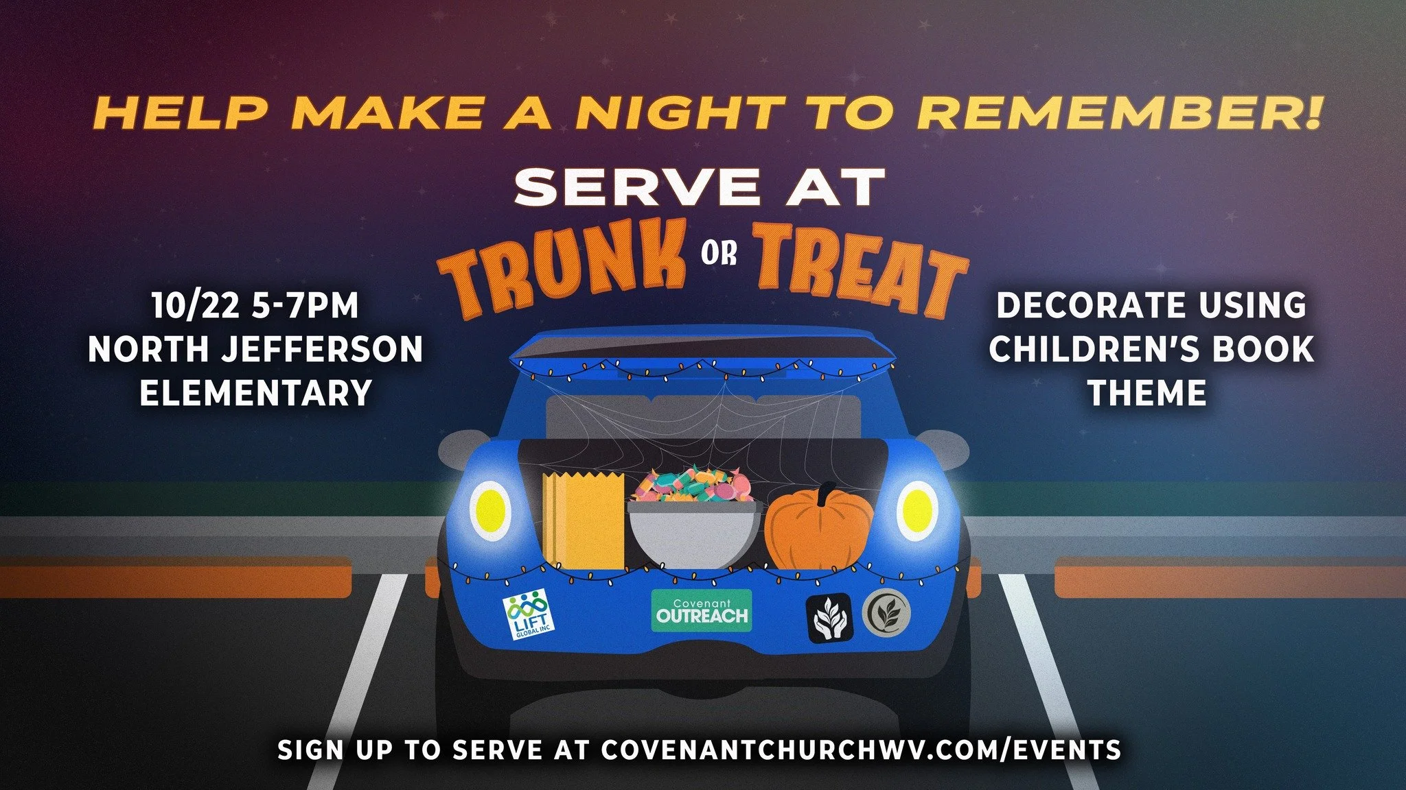 🎃 Help make a night to remember!

What if you could help create a fun, memorable night for local kids and families&mdash;without having to plan the whole thing yourself?

Join us for Trunk or Treat at North Jefferson Elementary and help make the eve