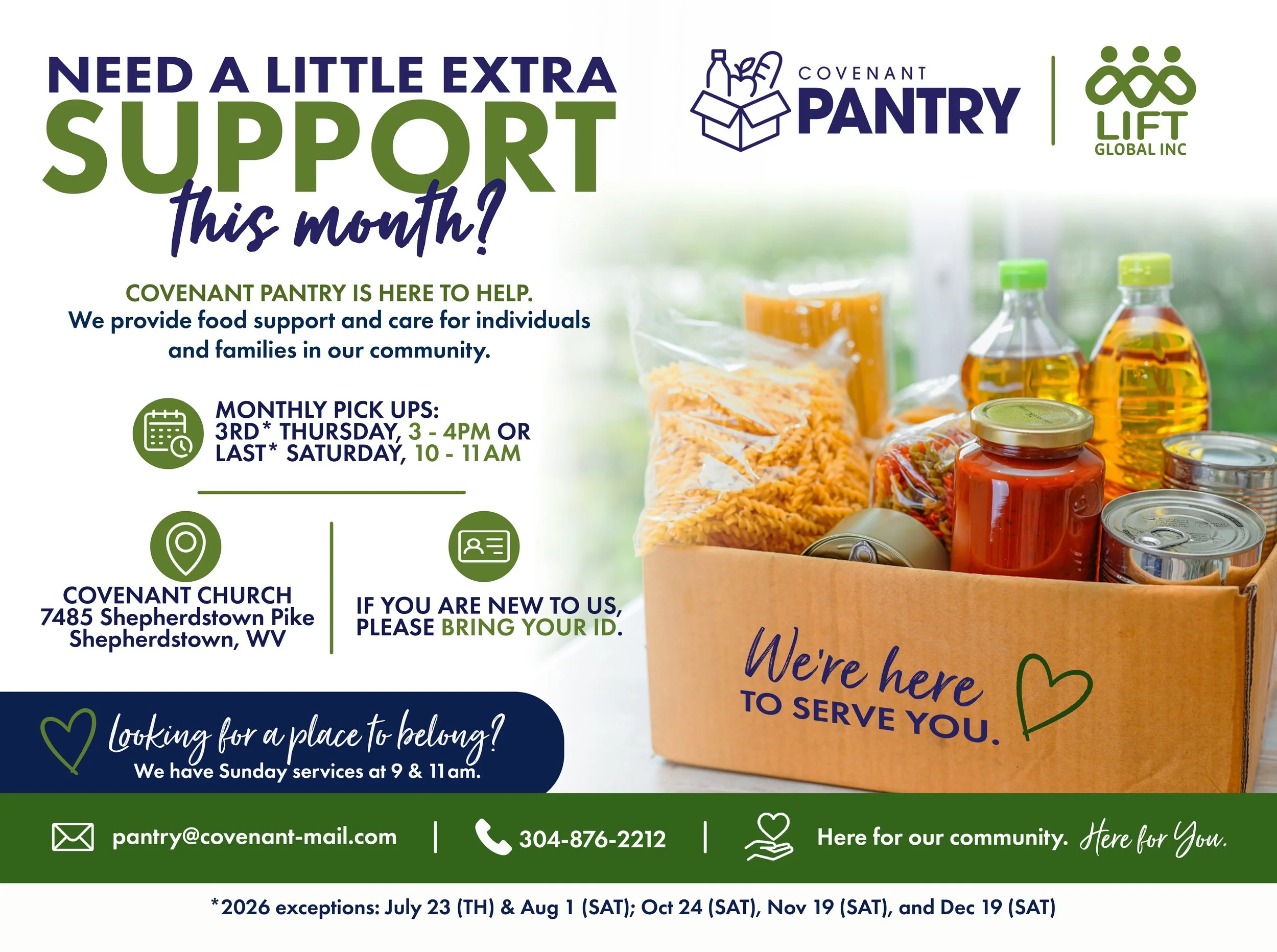 Flyer promoting support for Covenant Pantry with help and care for community, featuring food items in a box, and information about monthly pick-up times and contact details.