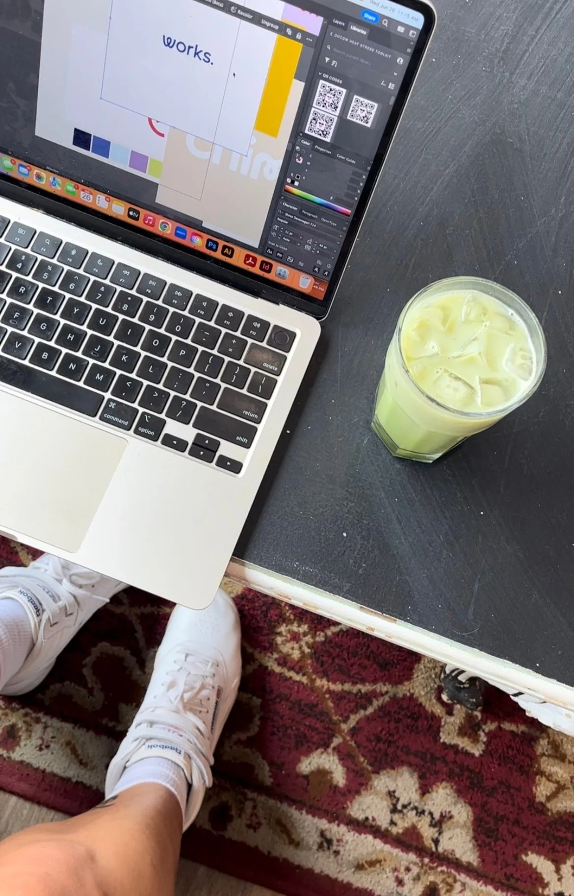 Graphic designers workspace and matcha