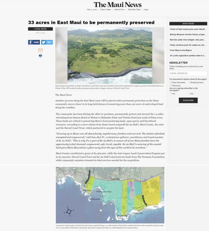 THE MAUI NEWS - 33 Acres in East Maui to Be Permanently Preserved ...