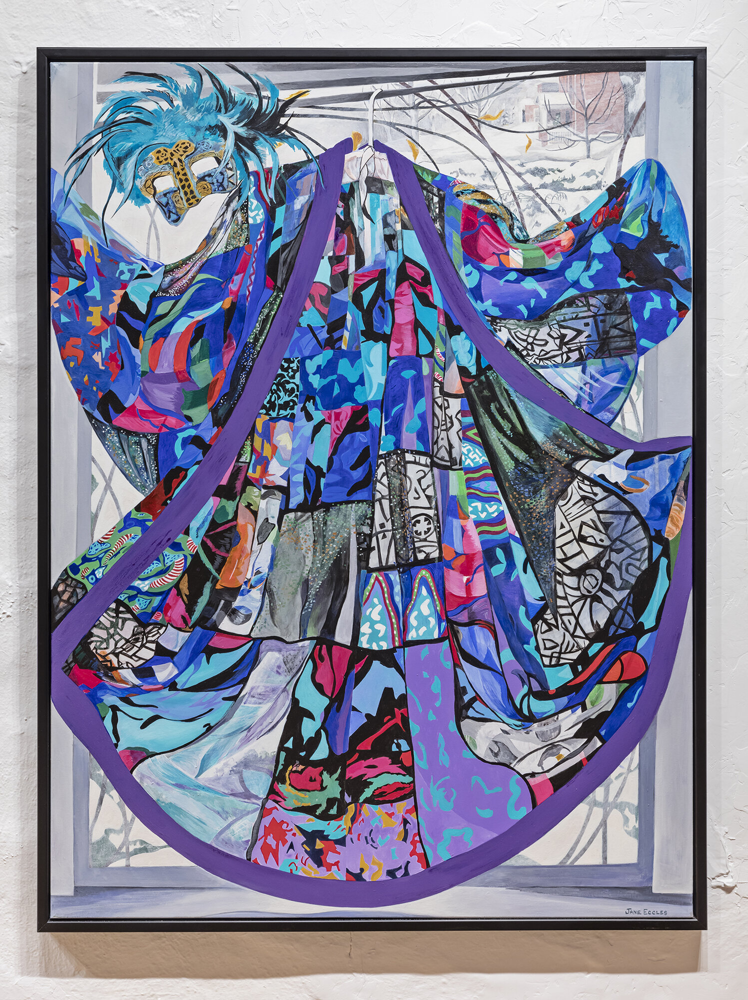 Acrylic on canvas painting of multicoloured and patterned dressing gown in front of window with feathered masquerade mask on top left