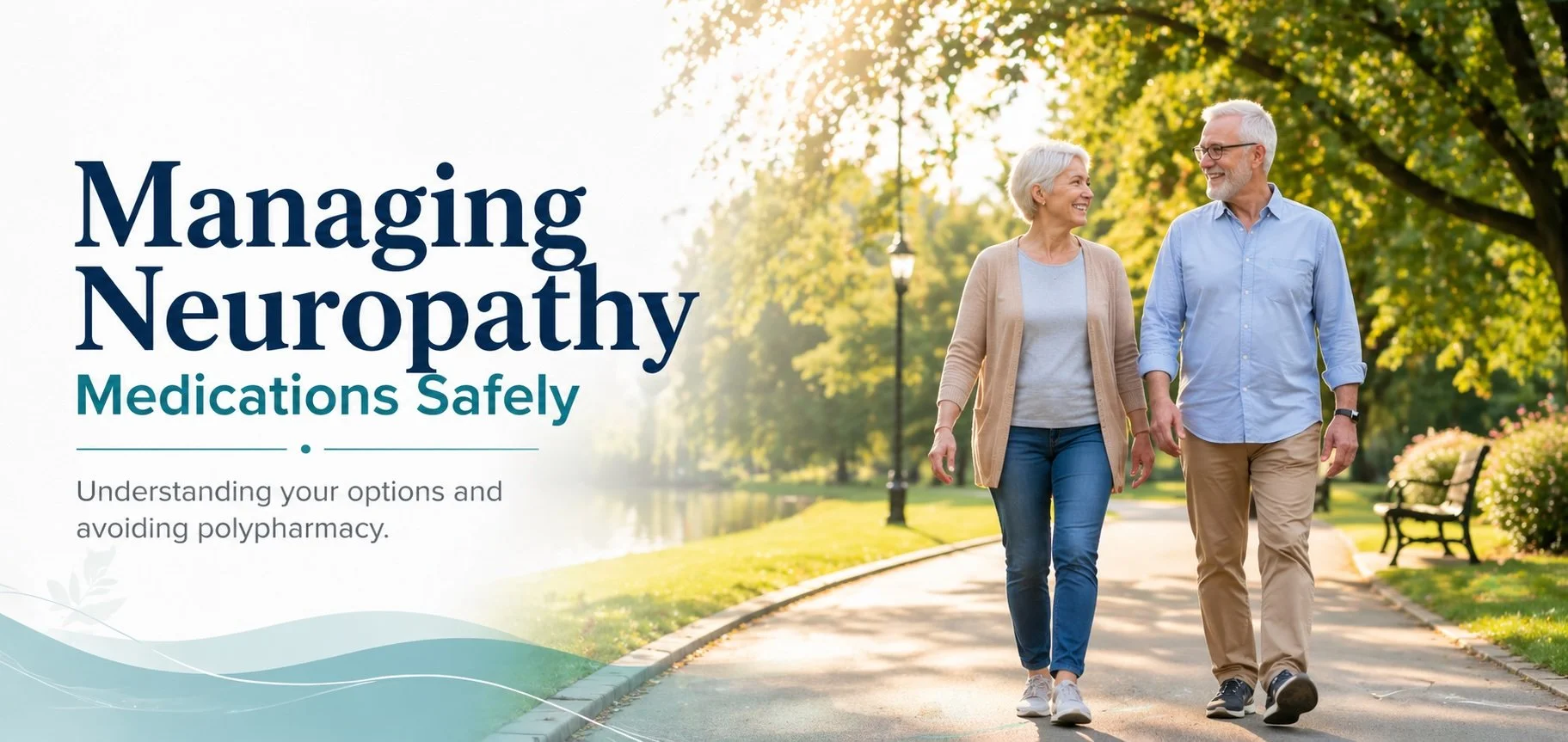 Elderly couple walking in park and talking, with sunlight and trees in background.