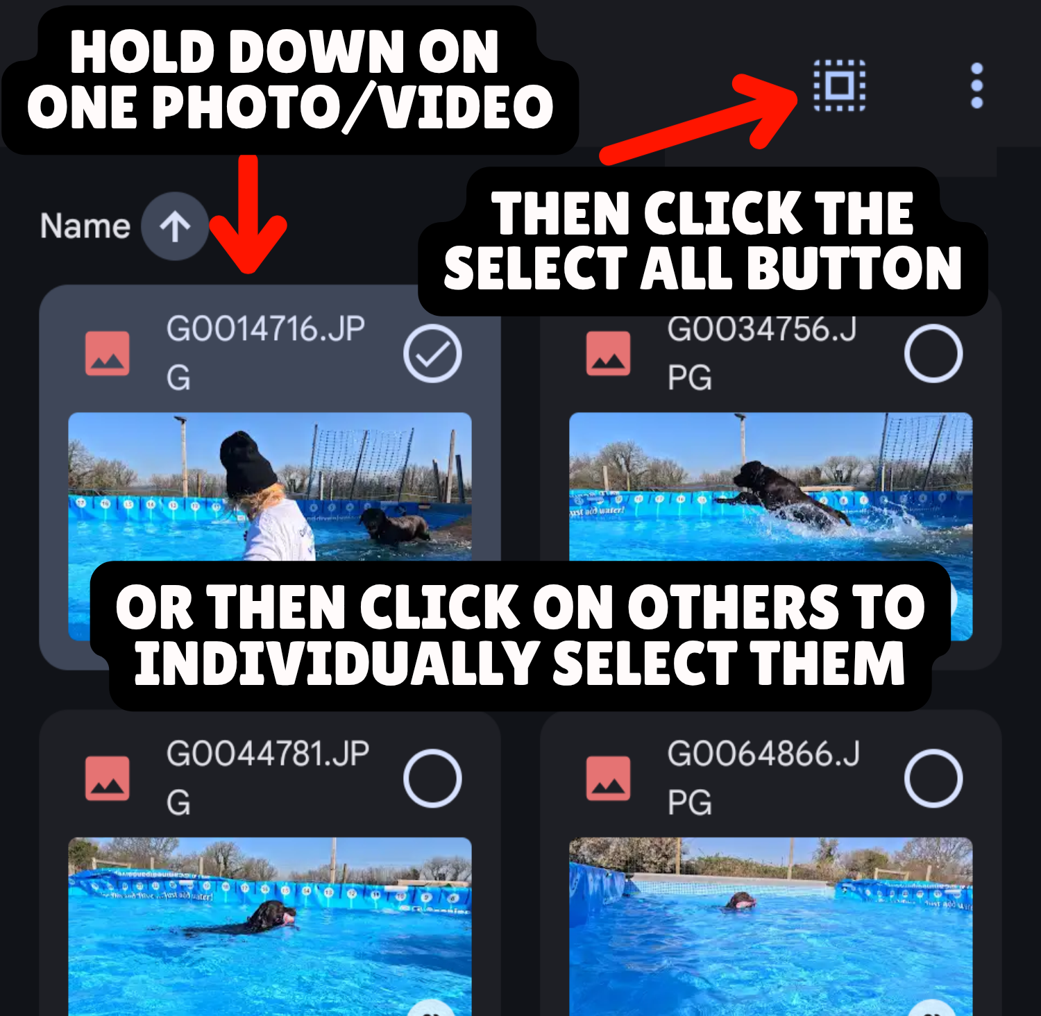 Step-by-step instructions for selecting digital photos on a device, including holding down on one photo or video, then clicking the select all button or individually selecting multiple photos.