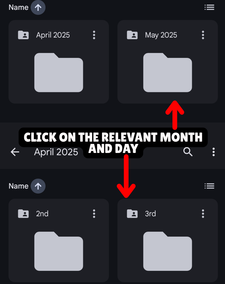 Step-by-step instructions for clicking on the month and day in a digital folder interface, showing folders labeled April 2025, May 2025, 2nd, and 3rd, with an arrow pointing to May 2025. Text overlay says "Click on the relevant month and day."