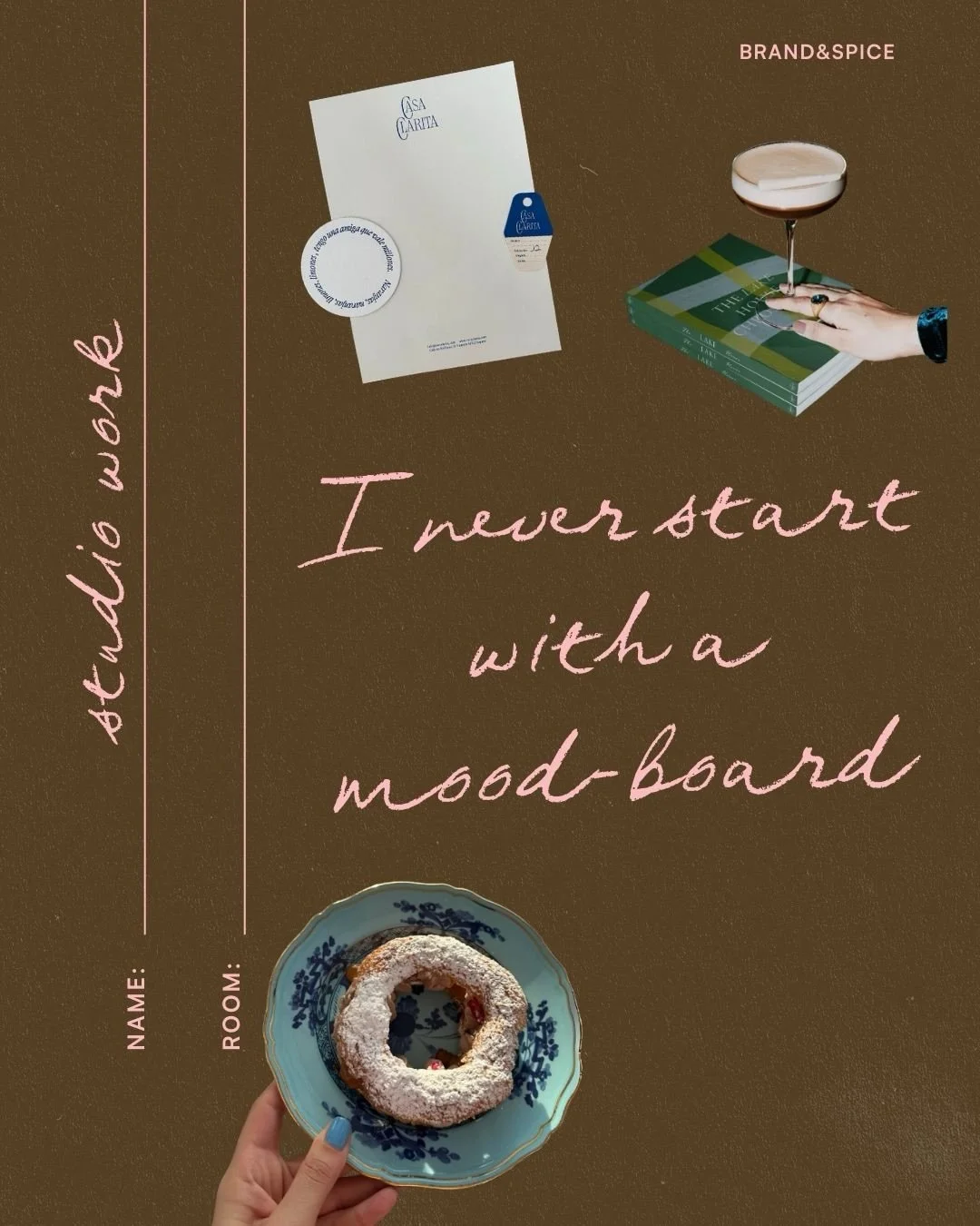 Most people expect a mood-board first.

I like to go way back and start even further. I usually start with the place. Dive deep into history, art, stories... I am looking for clues and connecting the dots.

Design is first discovered, then felt and o