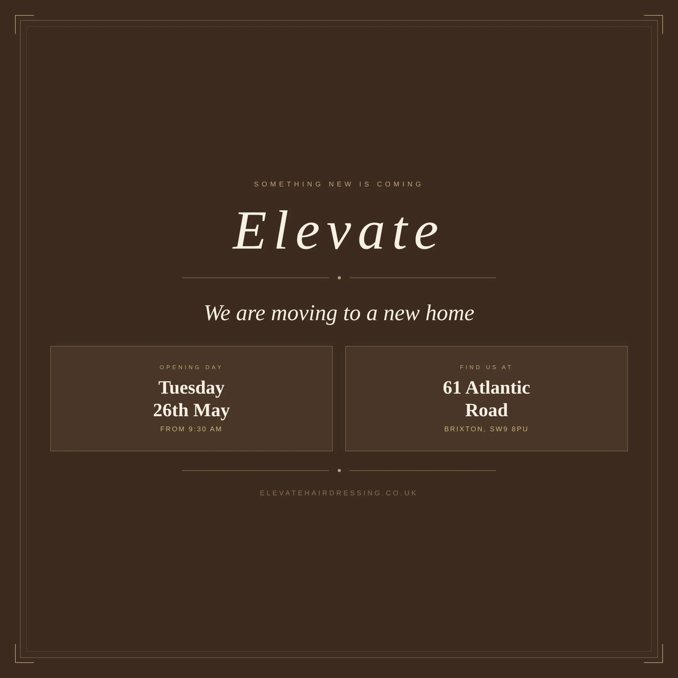 The moment we&rsquo;ve been working towards is finally here and we couldn&rsquo;t be more excited to share it with you.
 
Elevate has a brand new home.
 
For so many of you, this has been a journey you&rsquo;ve taken alongside us. Through every appoi